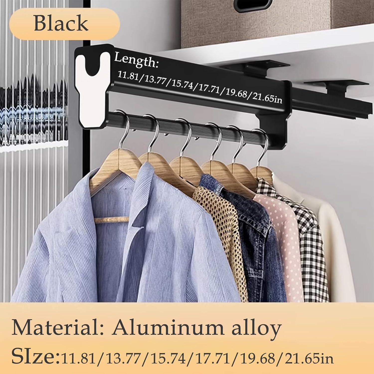 Closet Clothes Hanger Rail Pull-Out Closet Rod,for Closet for Space Saving and Storage Maximum(Black,35)