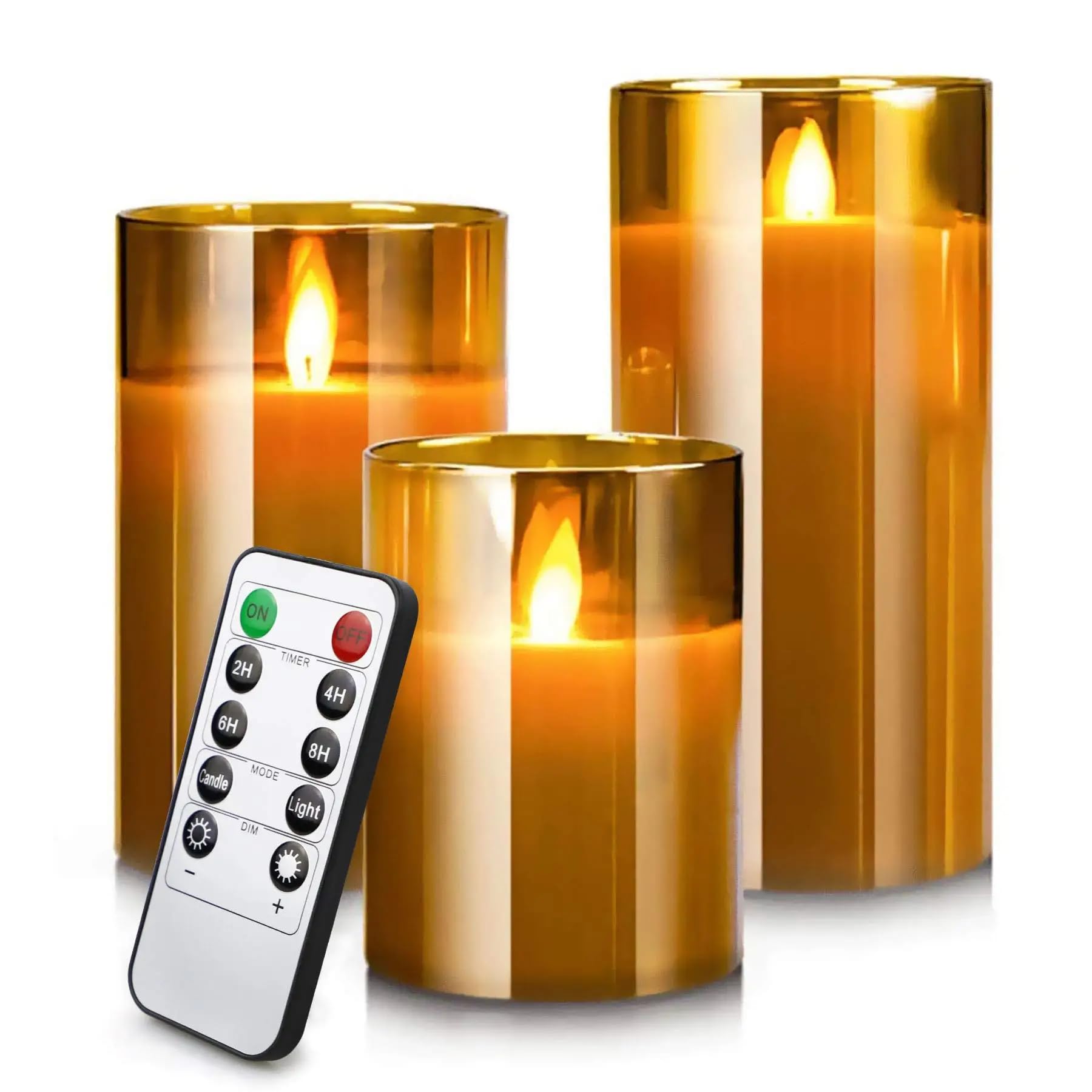 AYMNOOR 3PCS Gold Flameless LED Candles Set with Remote Control, Battery Operated 24-Hour Timer, Pillar Candles Real Candle Wax, Flickering Moving Wick, Tea Light Candles for Home, Festivals, Weddings