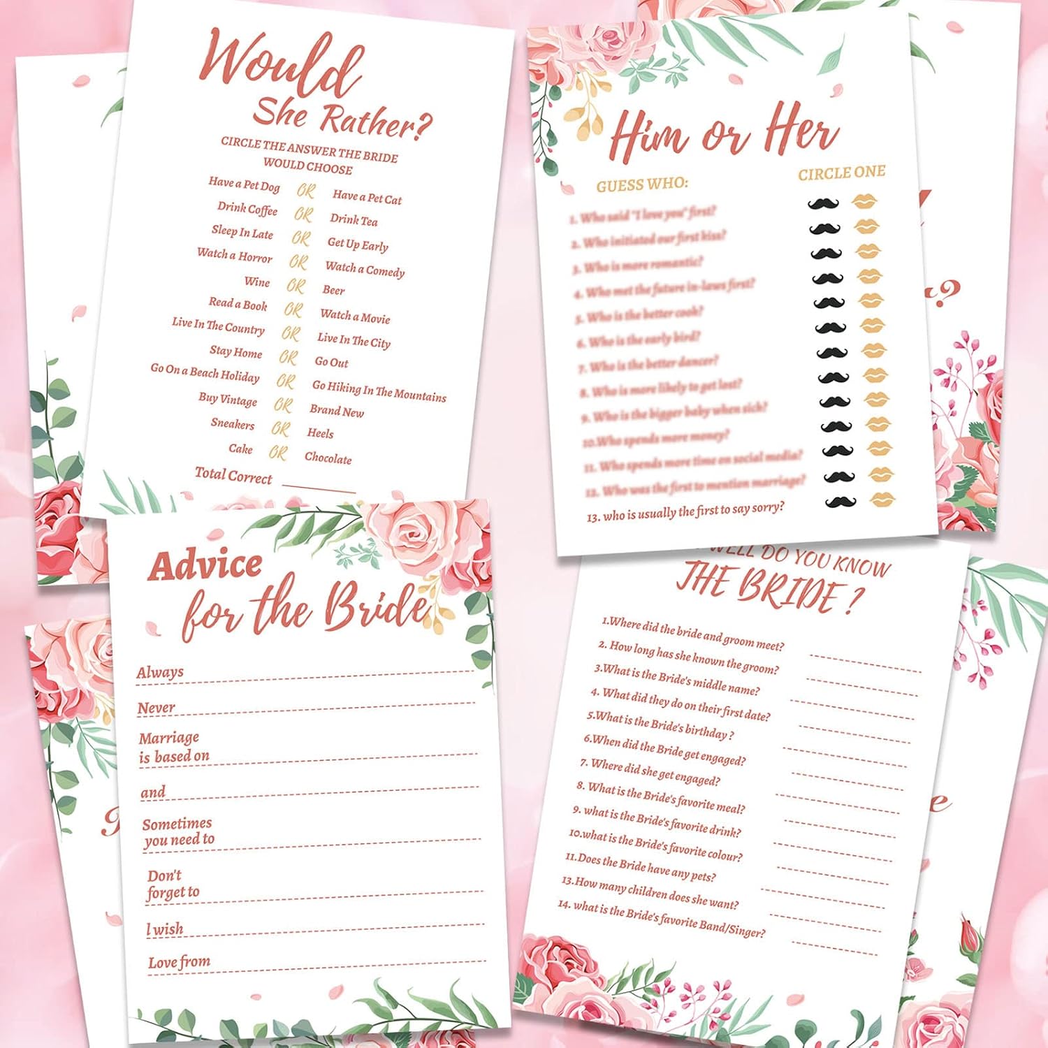 HOWAF 40 Hen Night Party Games, Advice for the Bride Cards How Well Do You Know the Bride, Would She Rather