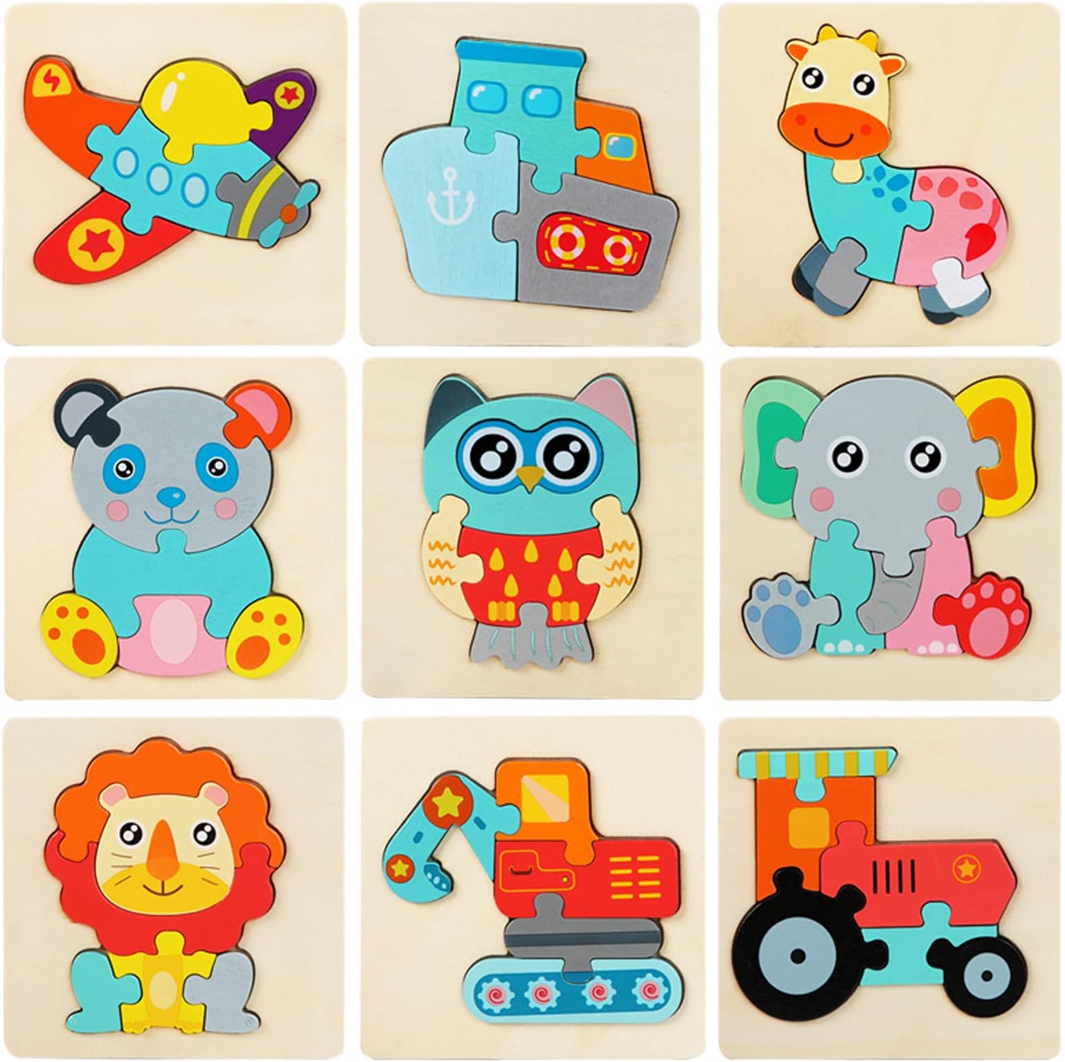12 Pack Wooden Puzzles Toddler Toys for Kids 1-3 Years Old, Jigsaw Puzzles Learning Toys for Boys and Girls, Montessori Toys Color Shapes Early Learning Educational Gift