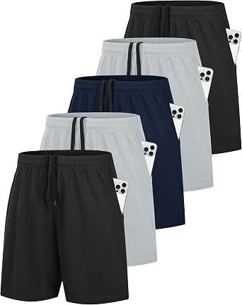 HOPLYNN 5 Pack Mens 7 Athletic Mesh Basketball Shorts with Pockets