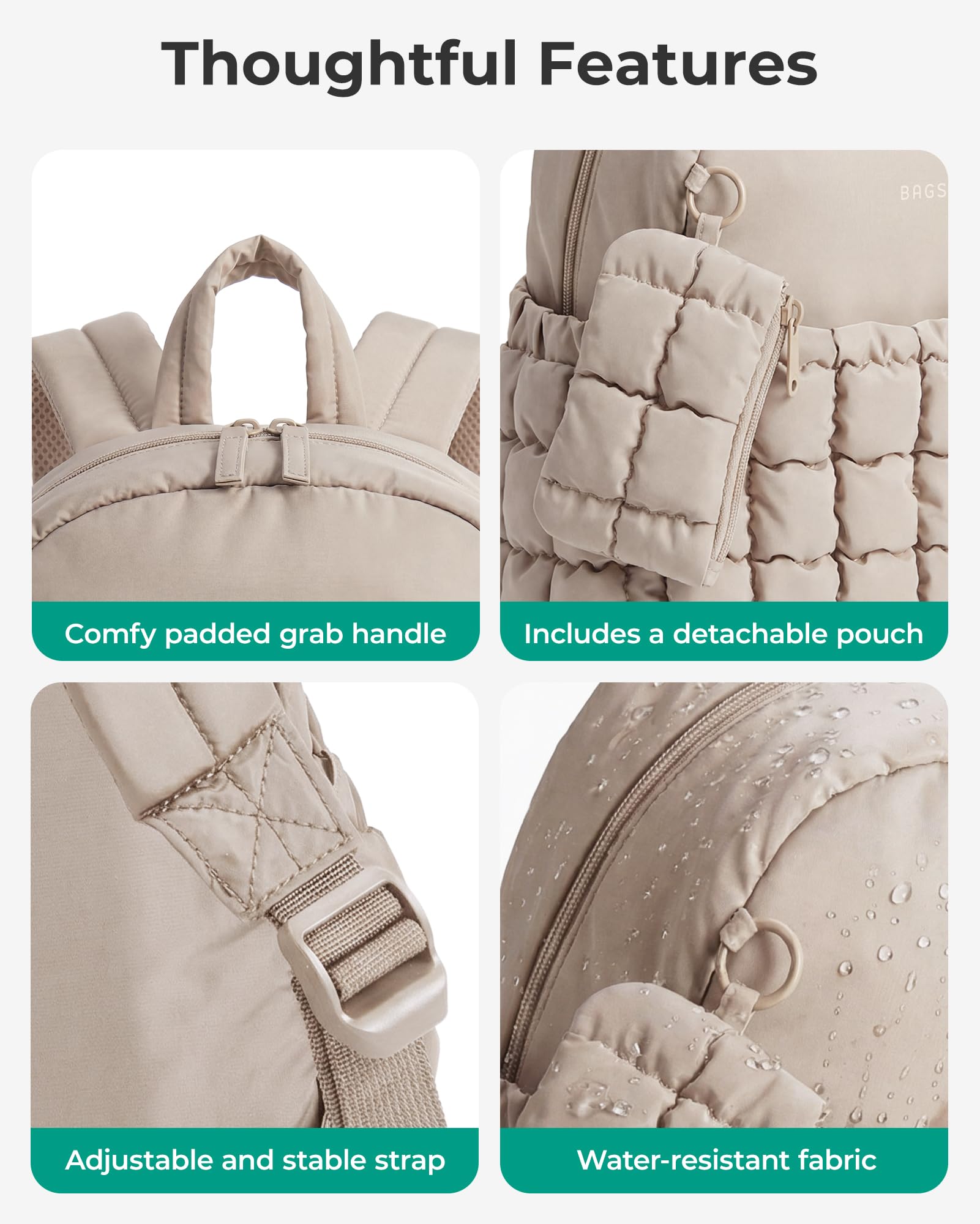 BAGSMART Mini Backpacks for Women, Puffy Checkered Quilted Small Backpack with Pouch, Lightweight Daypack Purse, Water-Resistant Bookbag for Daily Travel College, 2-in-1 Set, Brown — view 7