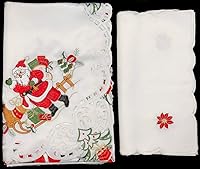 Vista 3 de Creative Linens Mantel navideño de 70 x 90 pulgadas con 8 servilletas bordadas de Papá Noel, renos rojos, flor de pascua, mantel de invierno