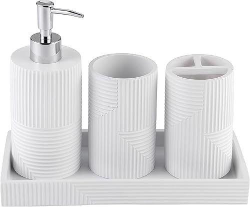 Kralix Juego de 4 accesorios de baño blancos moderno juego de dispensador de jabón de baño blanco juego de soporte para cepillo de dientes blanco