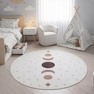 SIMPEX Kinderteppich Mondphasen rund 120 cm für Kinderzimmer in Creme mit Boho Design kleine Ruhebereiche detailreiches Motiv für fantasievolles Spielen im