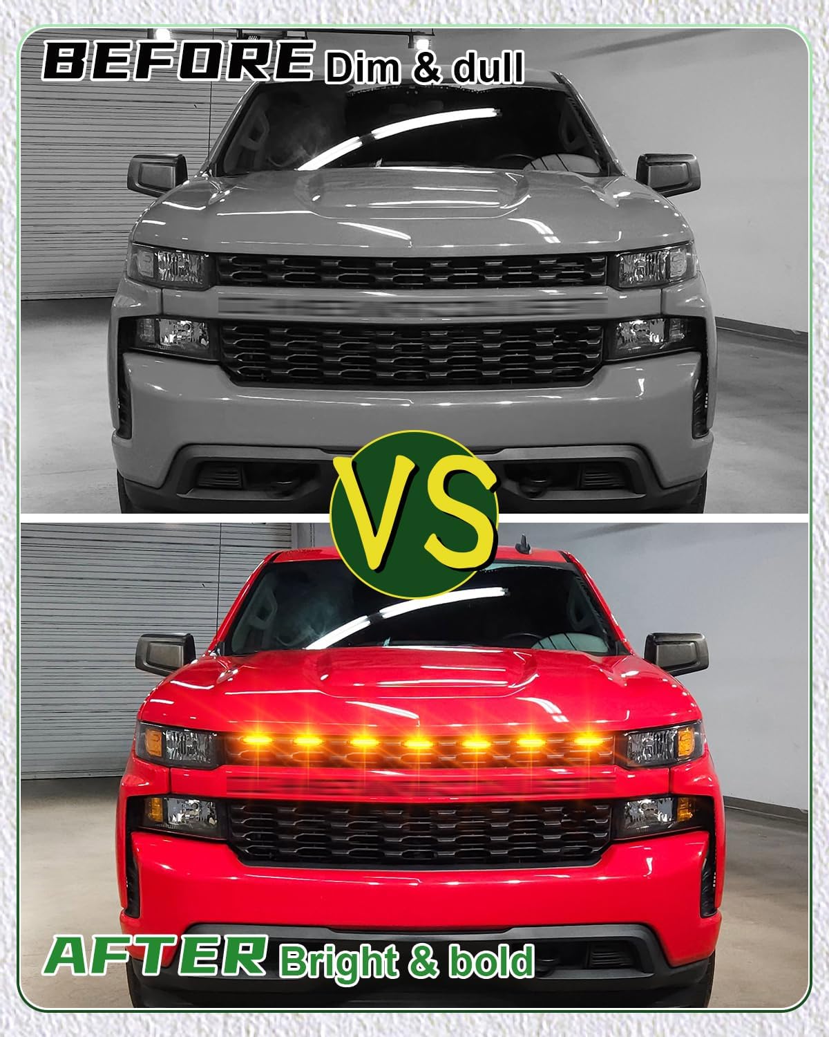 LED Grill Lights for 2019 2020 2021 Chevy Silverado Accessoreis Clip On Front Grille Insert Light Bar Head Lamp Fits Silverado Trail Boss,WT,Custom Only(7pcs-amber)