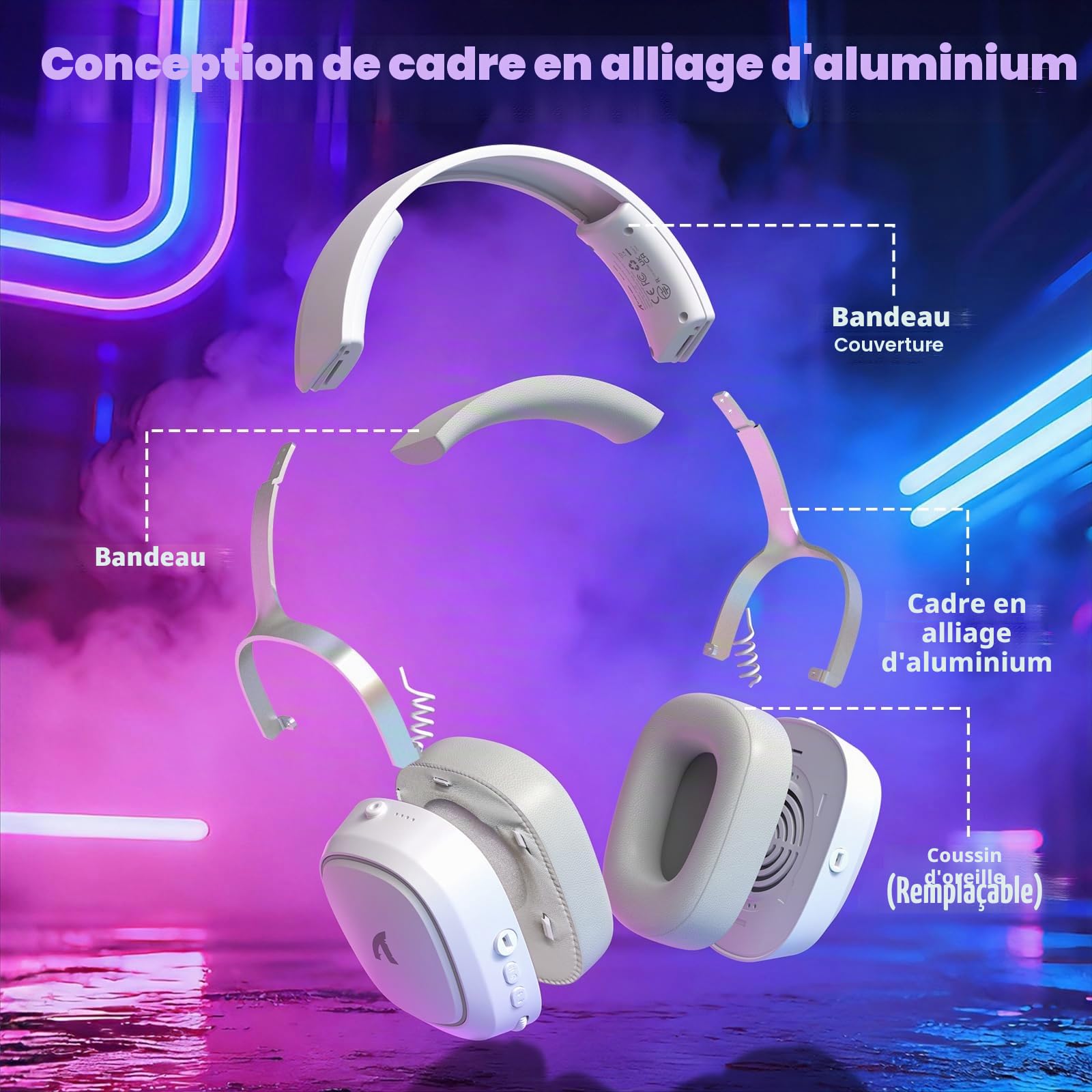 ATTACK SHARK G800 Casque Gaming sans Fil, Cadre Aluminium, 7.1 Surround, Mic ENC Flexible, Tri-Mode(2.4G/BT/3.5mm), 1000mAh, 50mm Pilote, RGB pour PC/Mac/PS/Xbox - Blanc