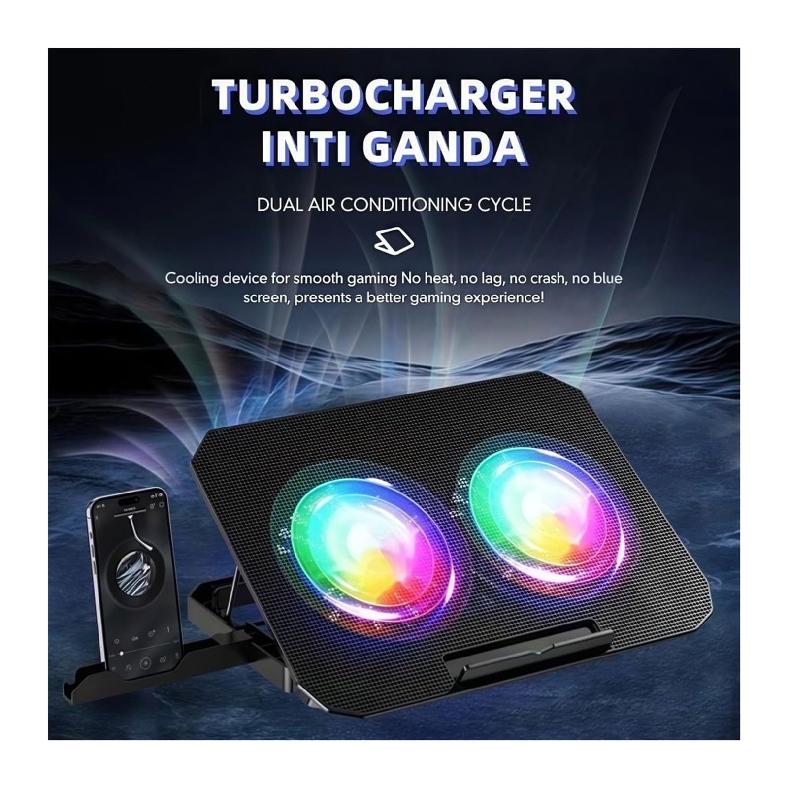 Enfriador de portátil con Dos Ventiladores, Almohadilla de refrigeración Grande RGB Ajustable, Soporte for teléfono, Base de refrigeración for portátil con Ajuste de 7 velocidades(RGB Two Fan)