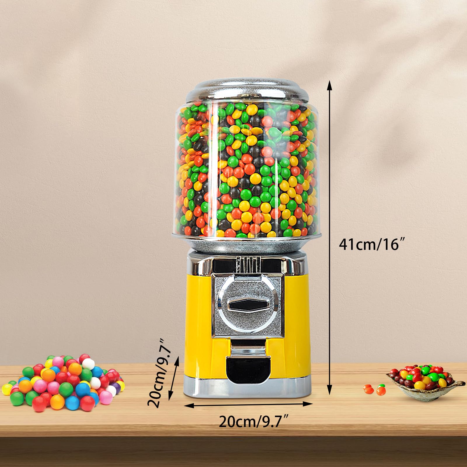 25 Cents Gumball Machine, Candy Vending Machine, Automatic Coin Operated Vending Machine Fits 600-1000pcs 25 Cents Coin and 200Pcs 1.26inch Balls for Retail Stores Shopping Mall (Yellow)