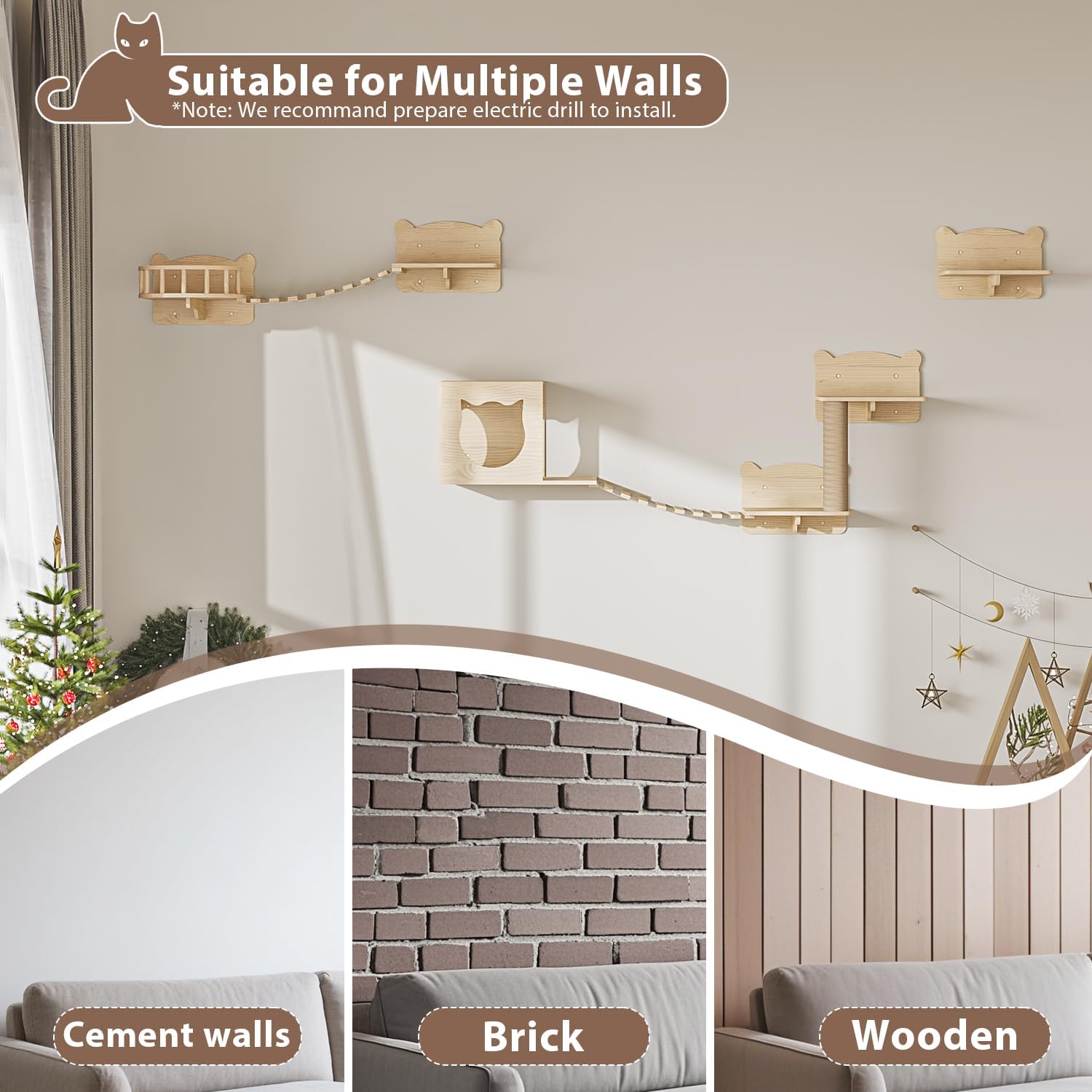 LEMBERI Cat Wall Shelves, Wooden Feline Furniture, 9 Pcs Set Wall Mounted Cat Shelves with Bed, House, Steps, Bridge Ladder and Scratching Post for Indoor Climbing, Sleeping, Playing