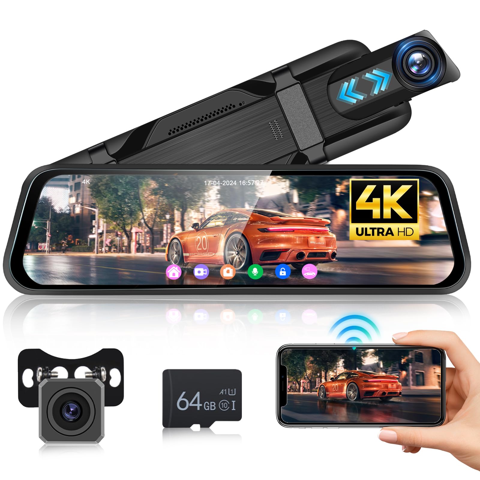 4K Mirror Dash Cam Front and Rear,9.66 Inch Rear View Mirror Camera with ADAS, BSD，1080P Rear Camera Waterproof with WiFi,G-Sensor, DVR, App Control, Night Vision, 64GB TF Card