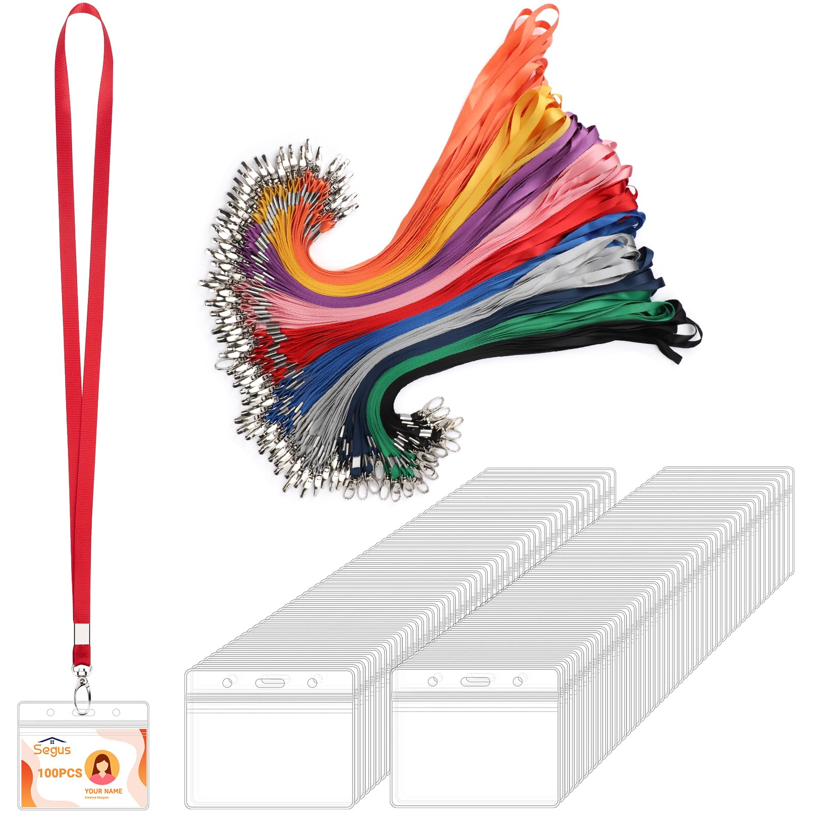 Segus Kartenhülle mit Band, 100 Stück Schlüsselband Bunt mit Kartenhülle | Lanyard mit Transparent Card Holder, für Büro, Schulen, Krankenhaus, Business Ausstellung (Horizontale)