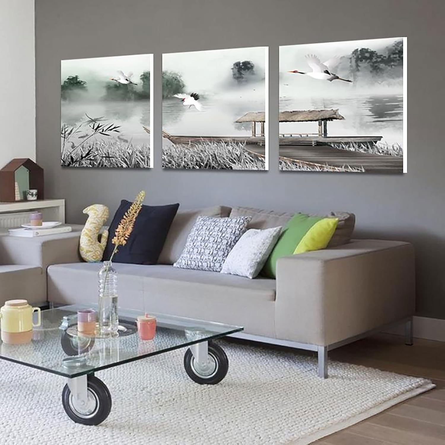 Instarry DIY 5D Diamond Painting Full Drill Triptych Lakeside Landscape Rhinestones Cross Stitch Living Room Kitchen Decorations Wall 47.2x15.7 inch