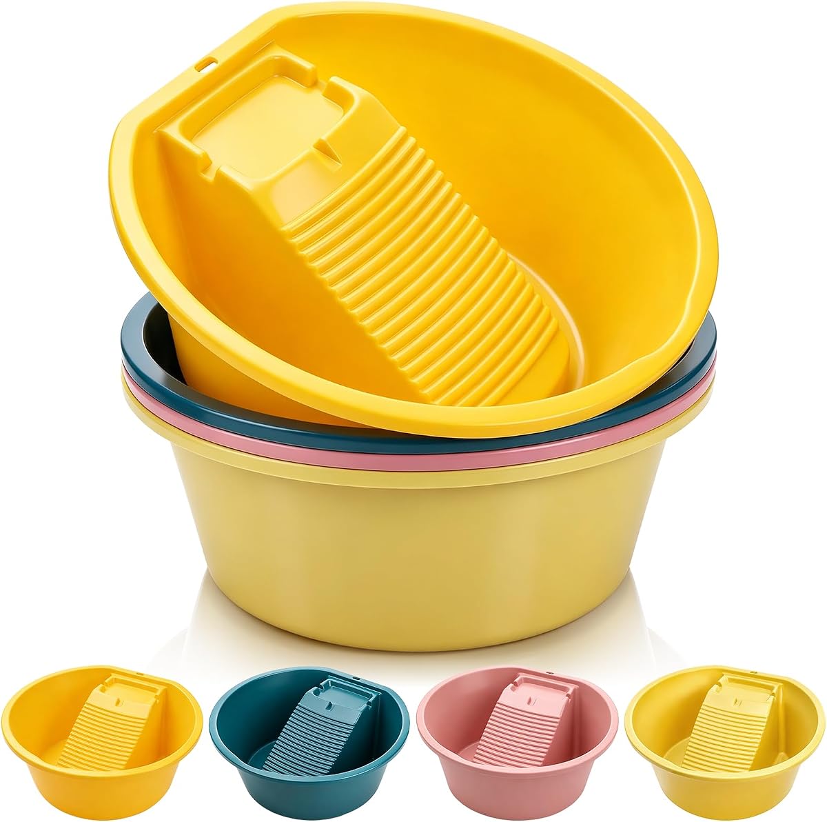 SOUJOY Paquete de 4 lavabos para lavar ropa a mano, lavabo portátil de plástico 3 en 1, tina con jabonera incorporada y tabla de fregar, ahorro de espacio para colgar para el hogar, RV, camping, al aire libre