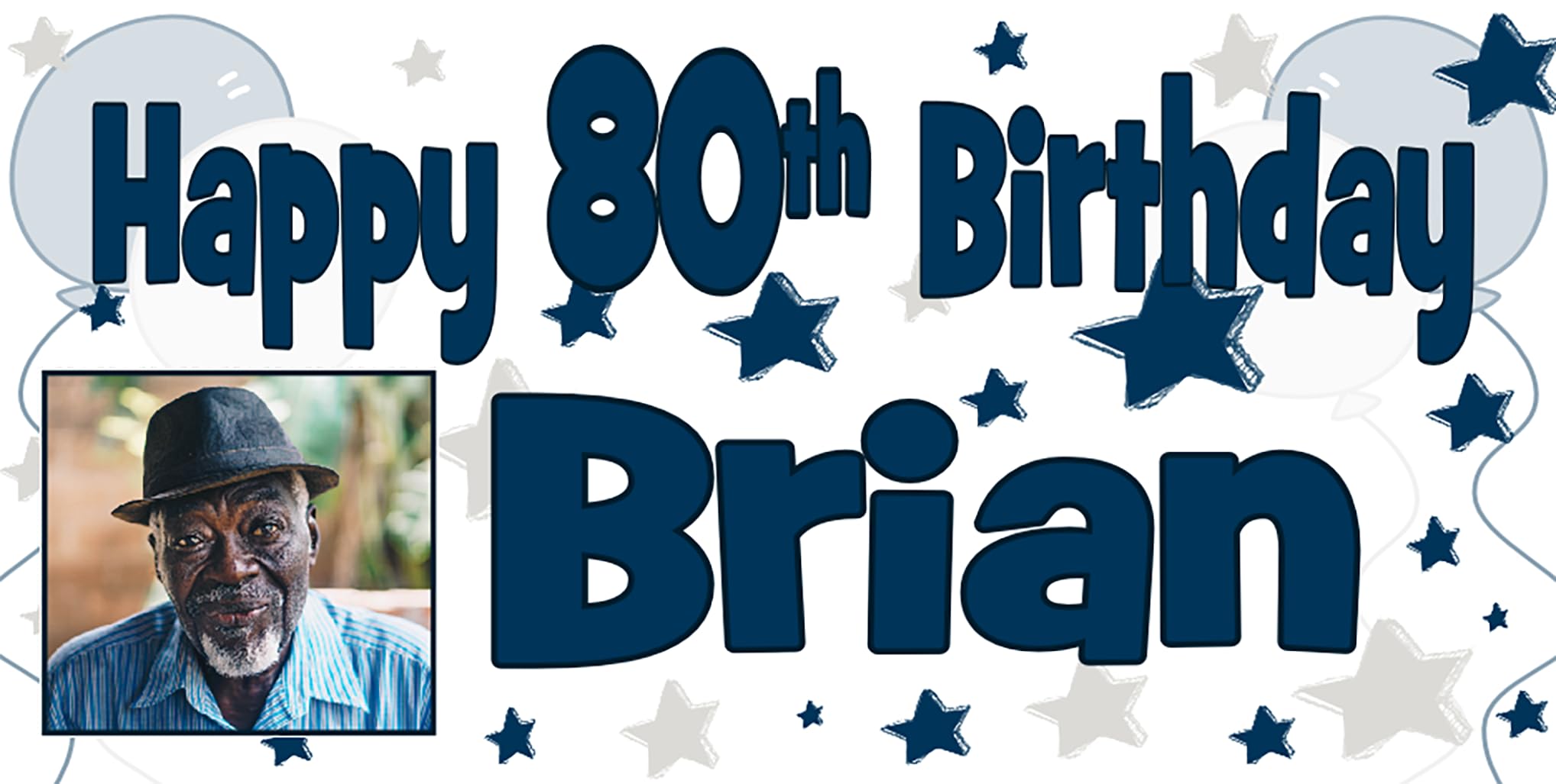 Large Personalised Happy Birthday Banner with Photo Navy Blue Silver Party Decor for Men Boys Any Age 13th 16th 18th 21st 30th 40th 50th 60th Custom (4ft x 2ft with 1 Photo)