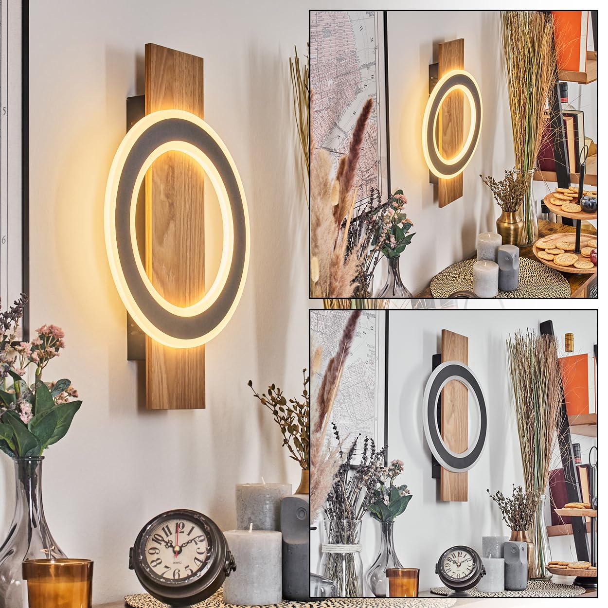HOFSTEIN LED Wandleuchte Besperia, Wandlampe aus Metall/Kunststoff in Holzoptik/Schwarz/Weiß, 18 Watt, 1740 Lumen, 3000 Kelvin, moderne Leuchte für Schlafzimmer, Esszimmer, Wohnzimmer, Küche, Flur