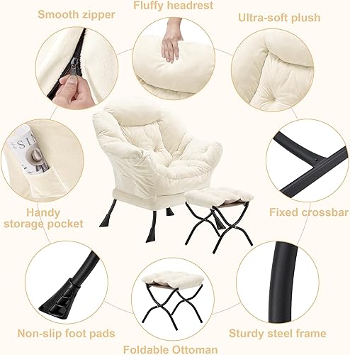 Miniatura 5 de Silla perezosa de tela con otomana, sofá tapizado de gran tamaño para adultos, silla cómoda de felpa con bolsillo lateral grande de almacenamiento,