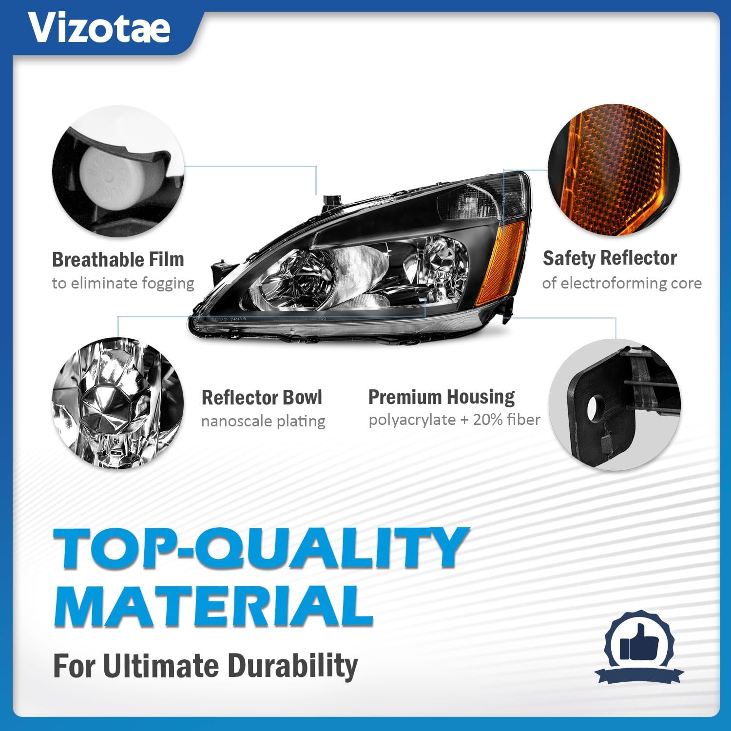 Headlights Assembly for 2003-2007 Honda Accord Halogen Headlamp Replacement, High/Low Beam W/Bulbs, Driver & Passenger Side