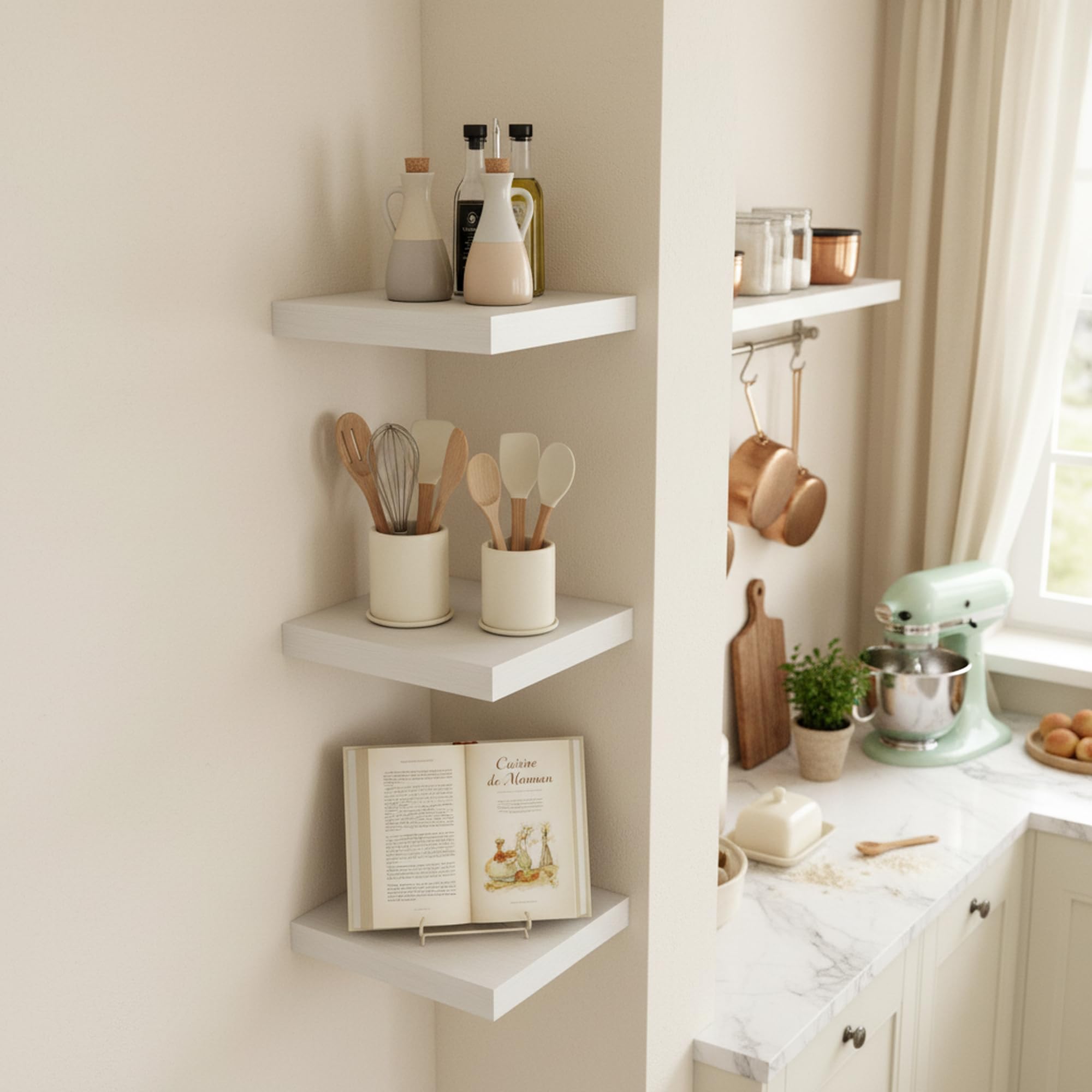 Lot de 3 Etagere Murale Blanche Bois Fixation Invisible, Étagère Murale Blanche Suspendue Bibliothèque Flottante Tablette pour Deco Salon/Cuisine/Chambre/Salle de Bain/Blanc(Icône Chêne)25x22CM