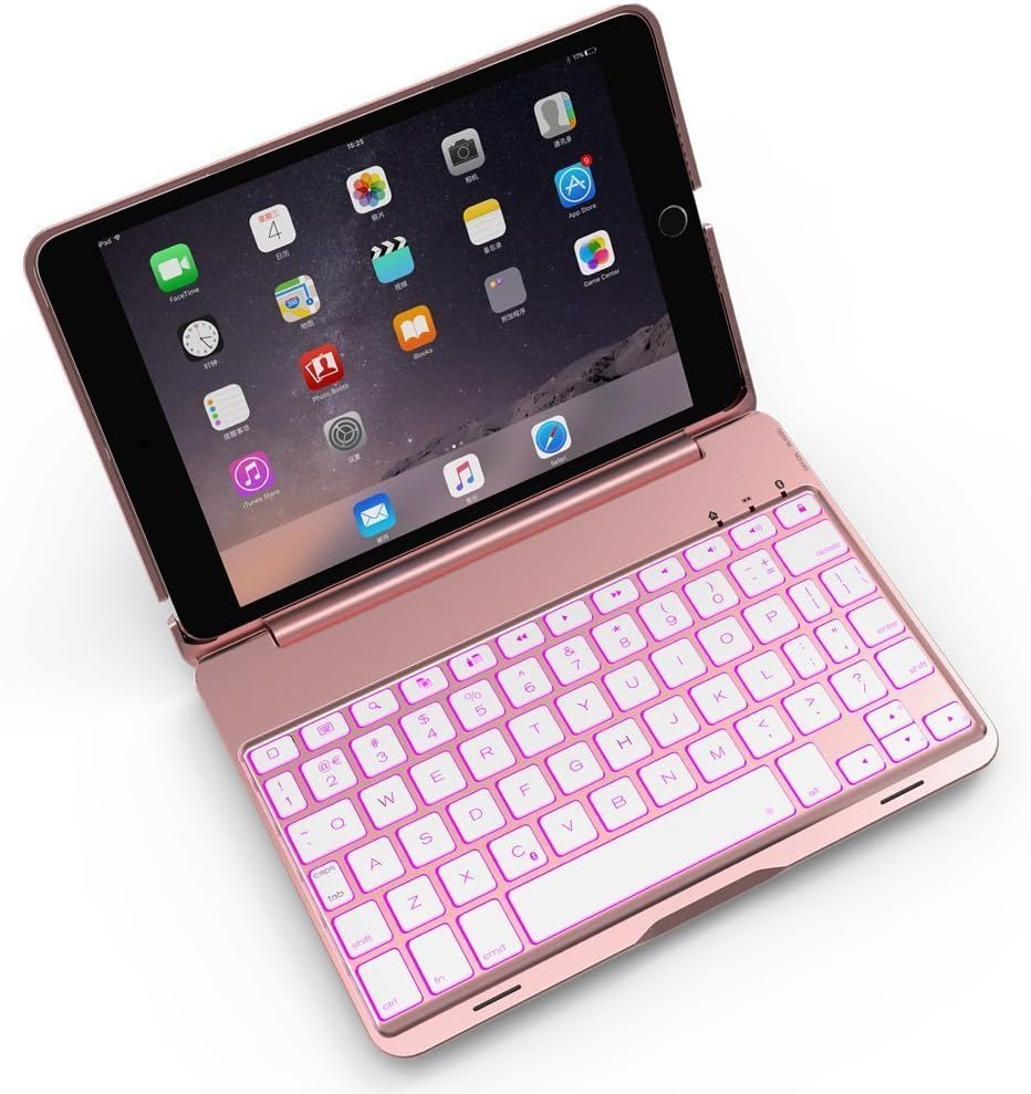 iPad Mini Keyboard Bluetooth, elelcfan Wireless Bluetooth Keyboard Case 7 Colors LED Backlit Magnetic Auto Sleep Wake Hard Shell Cover Ultra Slim Smart Stand Folio Flip Protective Case for Apple iPad Mini 1/2/3 - Rose Gold