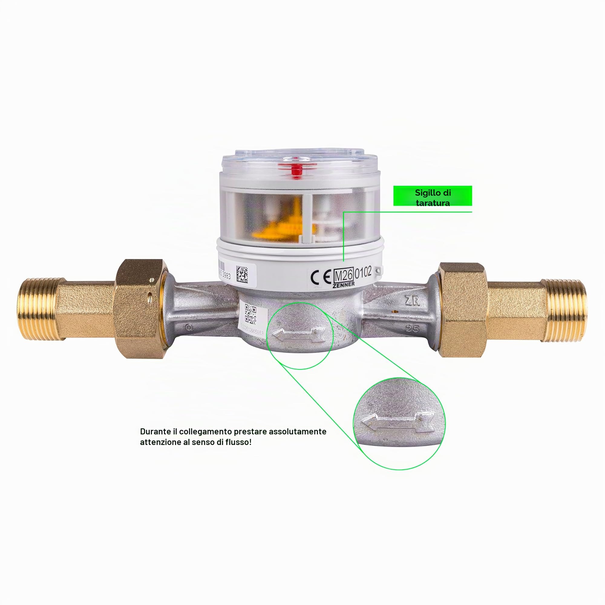 Zenner Contatore acqua fredda + calda 3/4", lunghezza 130 mm, grigio, con viti e guarnizioni, taratura 2026