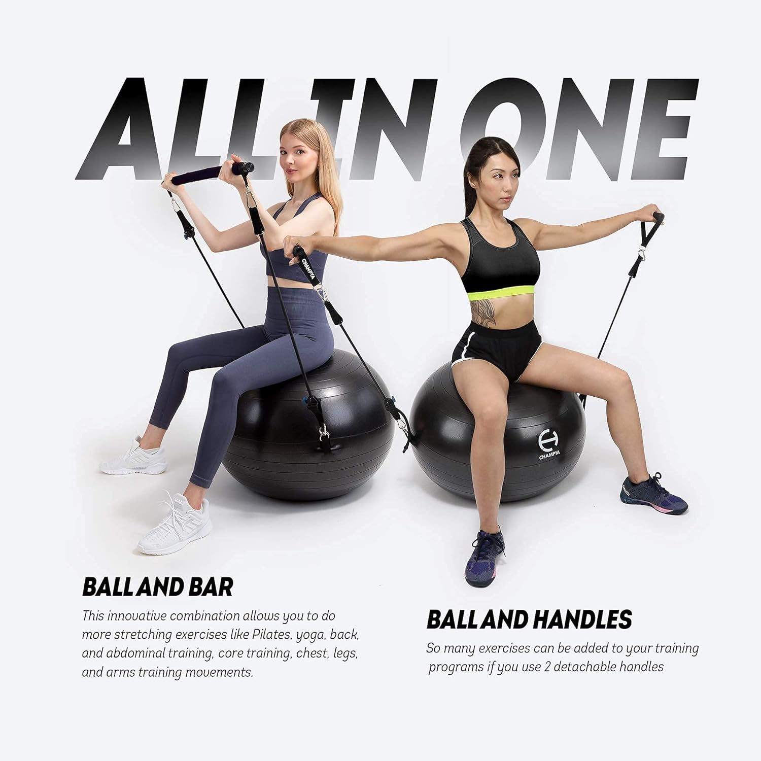 CHAMPYA Exercise Ball 65 cm with Stainless Steel Pilates Bar - Yoga Ball Chair&Balance Ball for Pregnancy, Birthing Therapy&Exercise-Stability Ball for Workout with Fitness App & Excersize Ball Chair : Sports & Outdoors