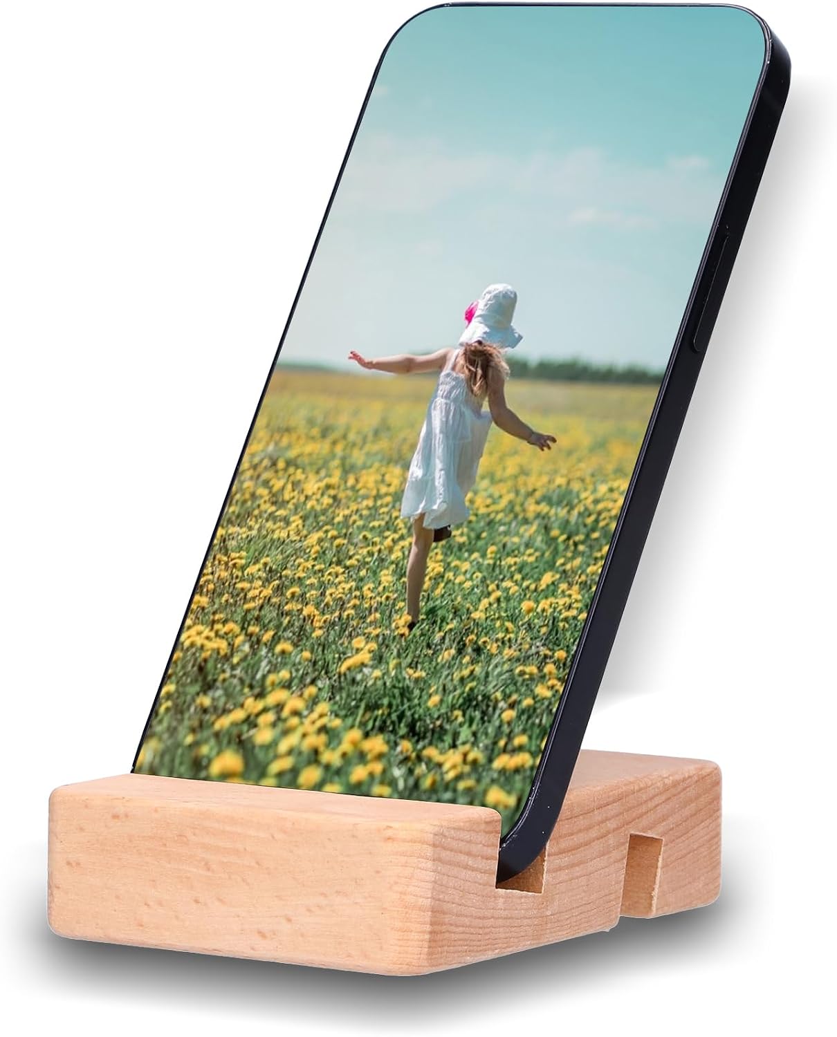flexman Wooden Cell Phone Stand, Portable Universal Desktop Smartphone Stand for All Phones, Double Slot Design Multi Function Desk Tablet Mobile Phone Holder for Home, Office Desk (Double Slots)