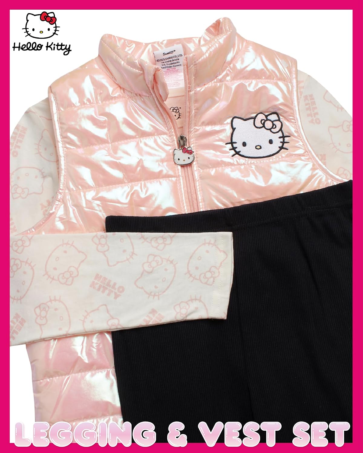 Hello Kitty Girls Pants Set - 3 Piece Zip Up Vest, Long Sleeve Graphic Shirt, Fleece Pants - Matching Set for Girls (2T-12)