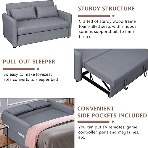 Miniatura 6 de Aoowow Sofá cama convertible de 57 pulgadas, sofá de 2 plazas con cama extraíble, sofá biplaza con respaldo ajustable, 2 almohadas de bolsillo