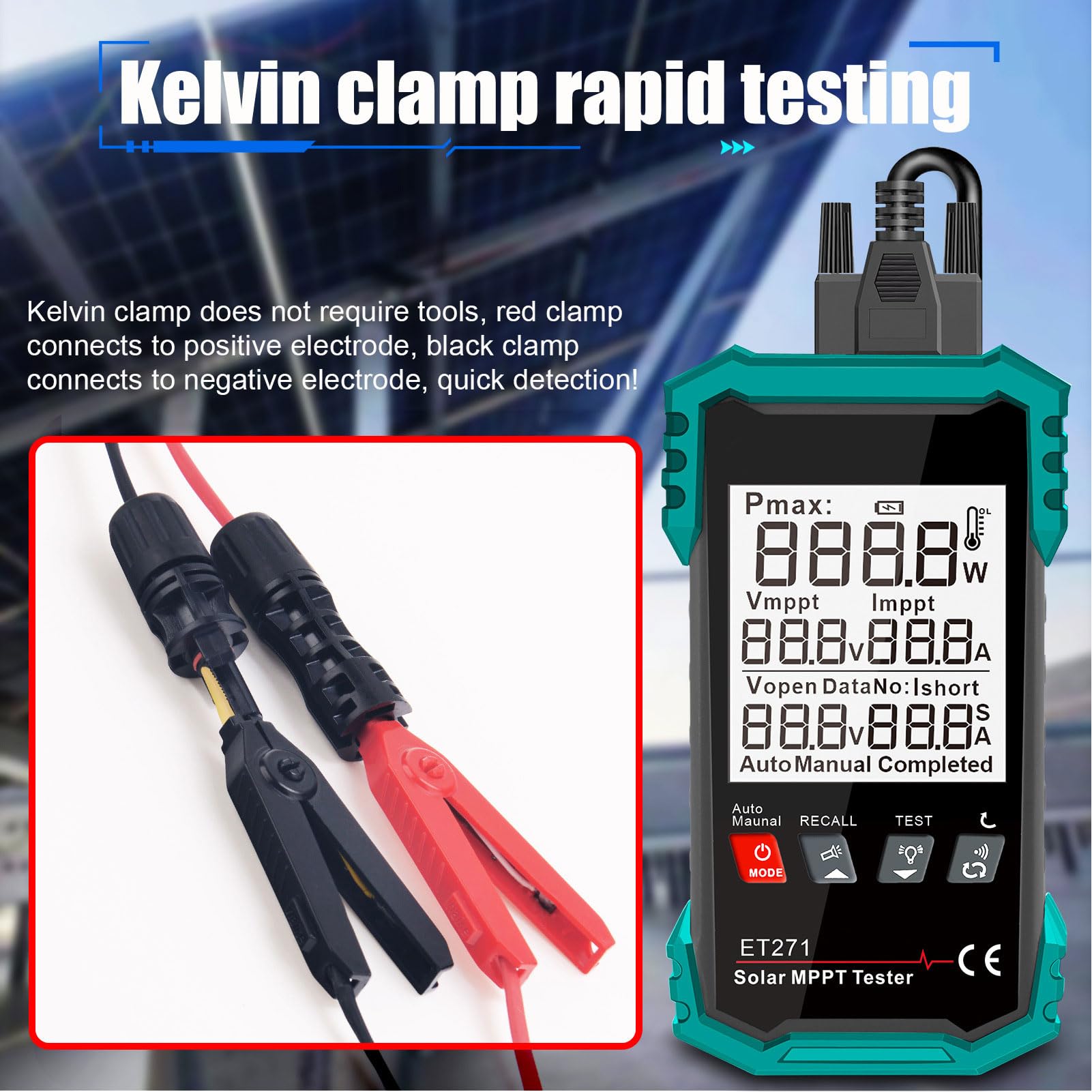 SIXRUN Tester per Pannelli Solari da 2000 W, Multimetro Fotovoltaico per Misuratori Fotovoltaici MPPT con Display LCD per la Risoluzione dei Problemi della Tensione a Circuito Aperto