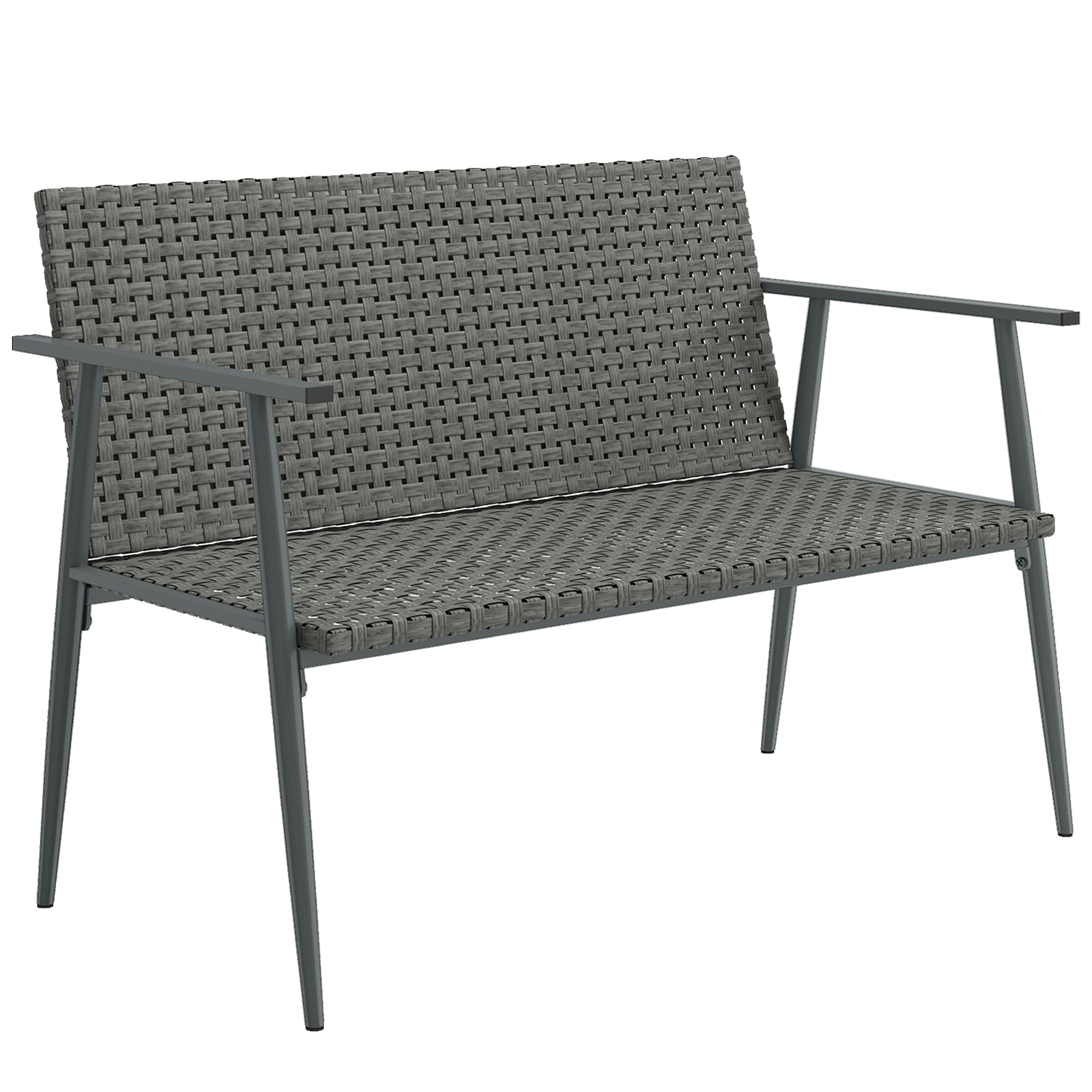 Outsunny Panca da Giardino a 2 Posti in Resina Intrecciata PE con Braccioli, Schienale e Gambe Regolabili, Struttura in Acciaio Zincato, Grigio