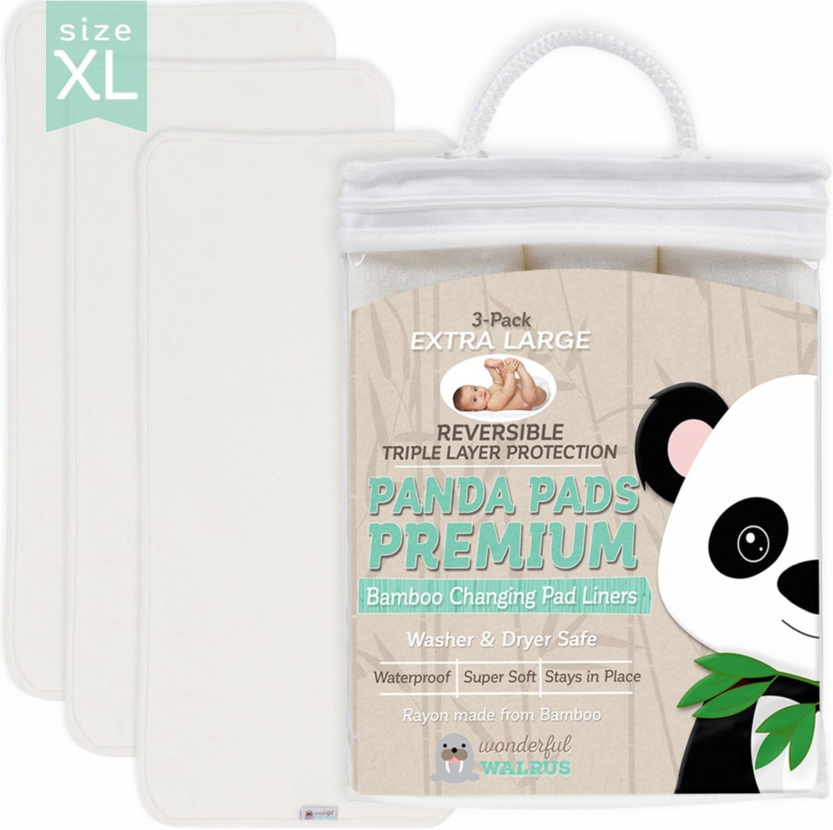 Bamboo Changing Pad Liners XL Size. Reversible 3-Pack. Soft & Absorbent 3 Layer Design to use When Changing Baby’s Nappy. A Waterproof Mat That Covers The Diaper or Nappy Changing Table or pad