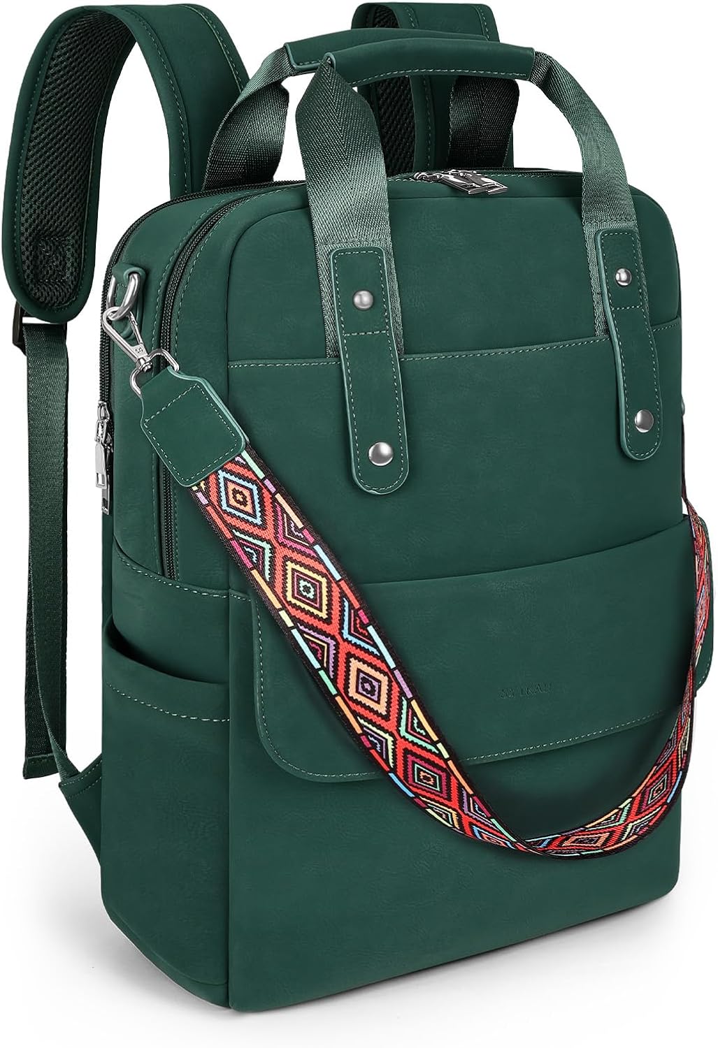 Leather Laptop Backpack 15.6 Inch Womens Laptop Bag, 3 IN 1 Computer Bag Handbag with Colorful Shoulder Bag Strap for Work Travel College Green