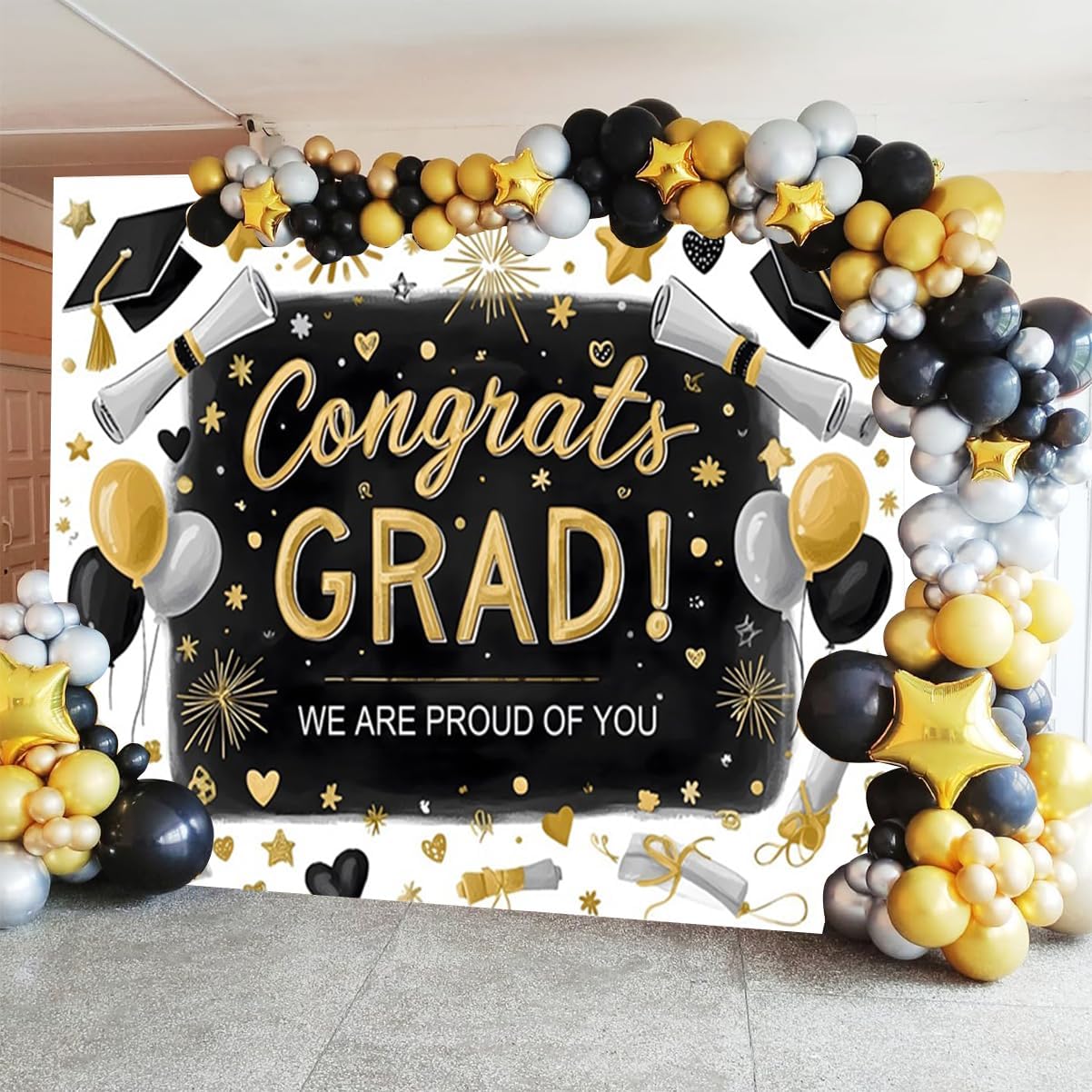 2026 Graduation Backdrop 10x8ft Chalkboard Hand Painted Black Gold Silver Congrats Grad Photo Backdrop We are Proud of You Graduation Backdrops for Photography Class of 2026 Party Decor Photo Props
