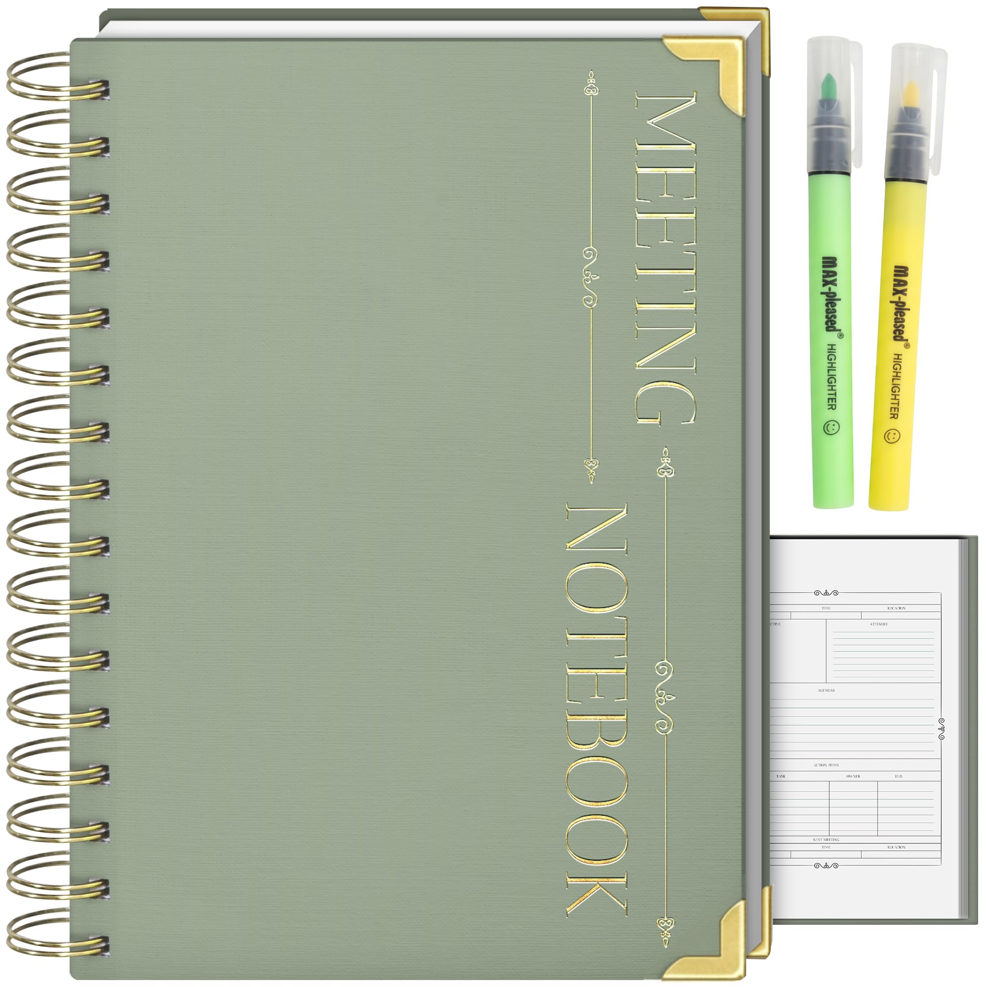 Quaderno per riunioni, include due evidenziatori, giallo, verde per prendere appunti più facili, quaderno per riunioni, include anche linguette adesive, blocco note per lavoro, + 100 pagine [formato