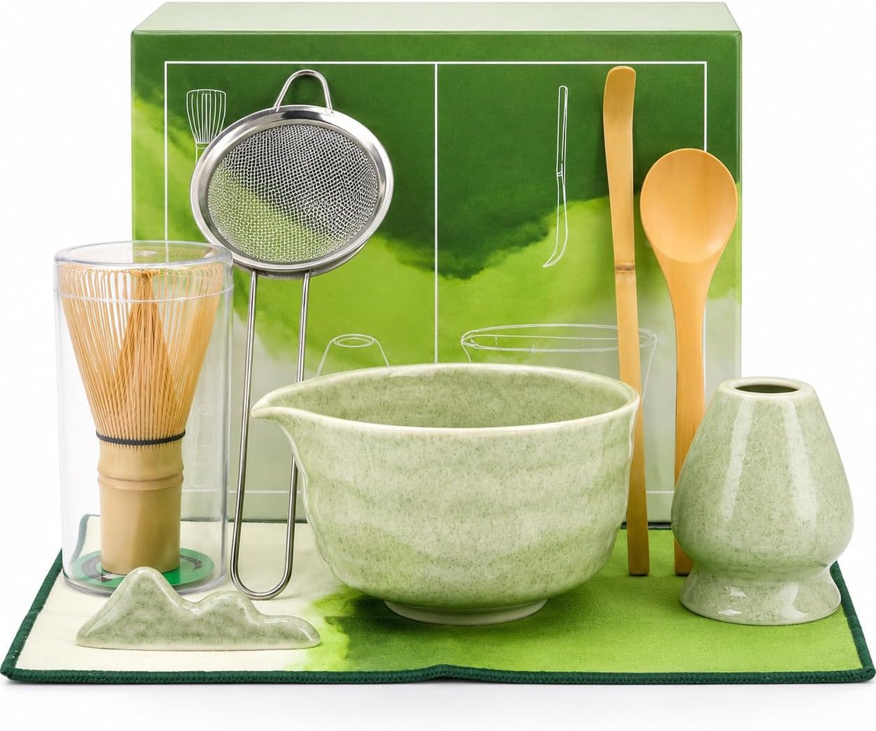 Matcha Whisk Set, 8PCS Japanese Matcha Set with Ceramic Bowl, Bamboo Whisk, Matcha Kit includes Chasen Holder, Scoop, Spoon, Sifter, Tea Mat & Storage Tube, Birthday Gift (Green)