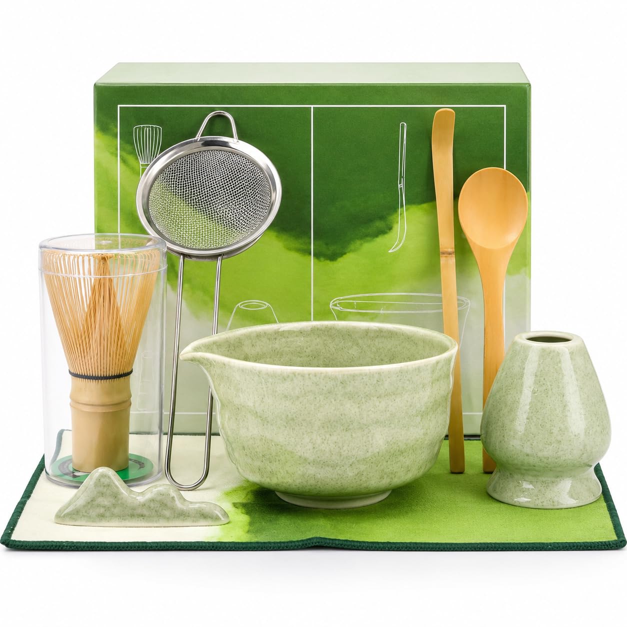 8 Pcs Matcha Whisk Set,Ceramics Matcha Tea Kit,Matcha Set includes Bamboo Whisk, Ceramic Matcha Bowl, Whisk Holder, Scoop, Sifter, Matcha Kit with Spoon, Mat & Whisk Storage Tube,Japanese Style(Green)