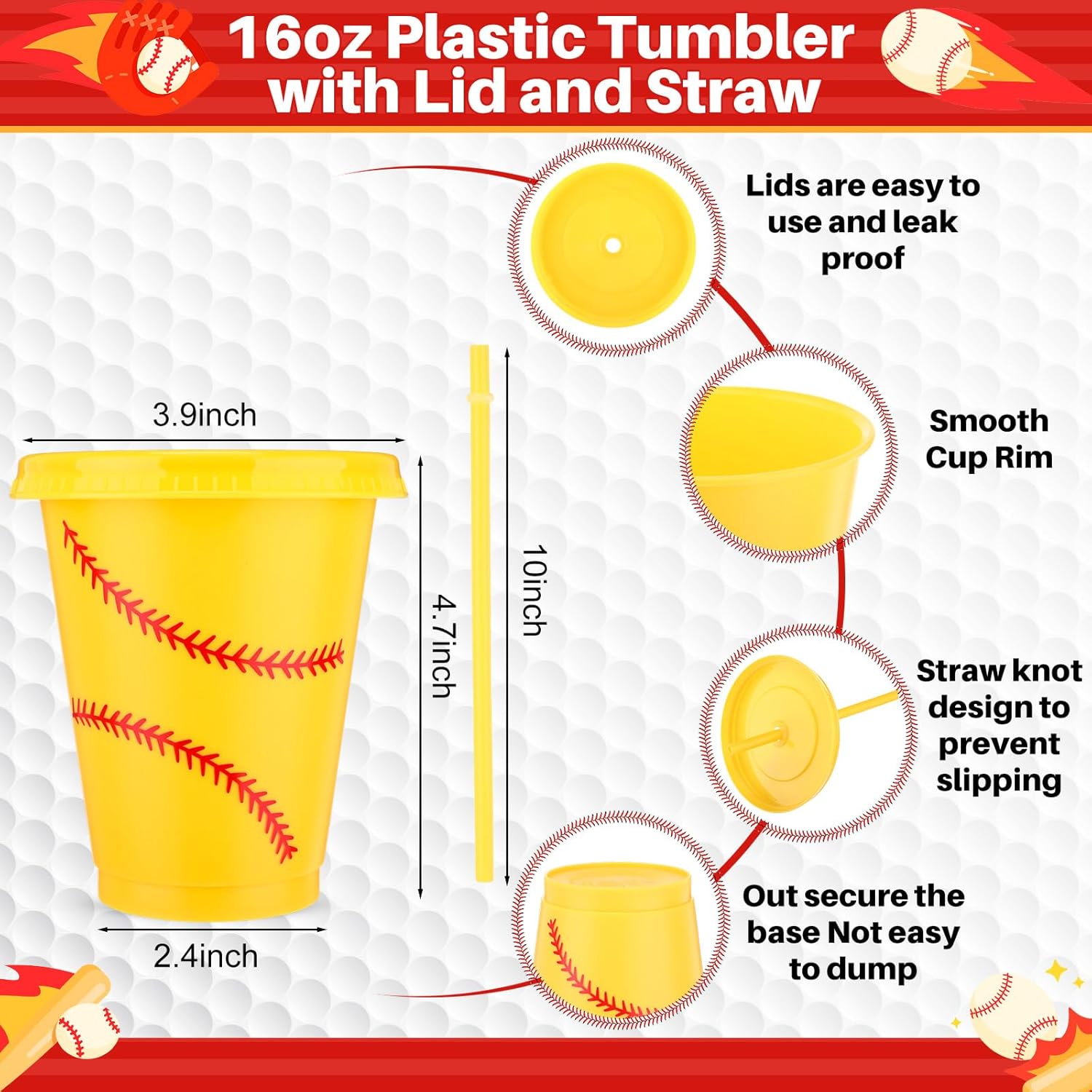 32 Pcs Softball Party Favors 16 Softball Handheld Fan and 16 16oz Plastic Tumblers with Lids and Straws Mini Portable Fans Cups Bulk for Softballs Team Gifts Sport Party (Yellow, Cute Style)