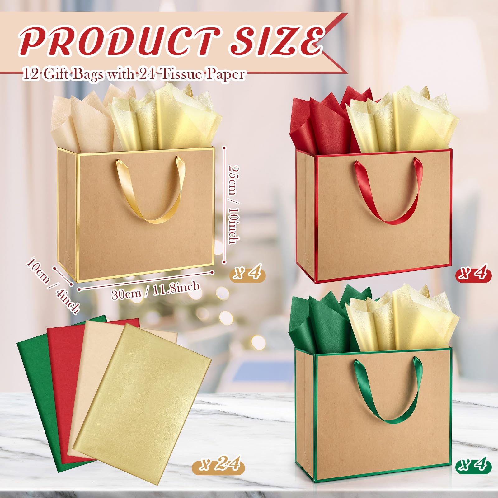 ReliThick 12 Pack Paper Gift Bag with Handles &amp; Tissue, Green, Red, Gold