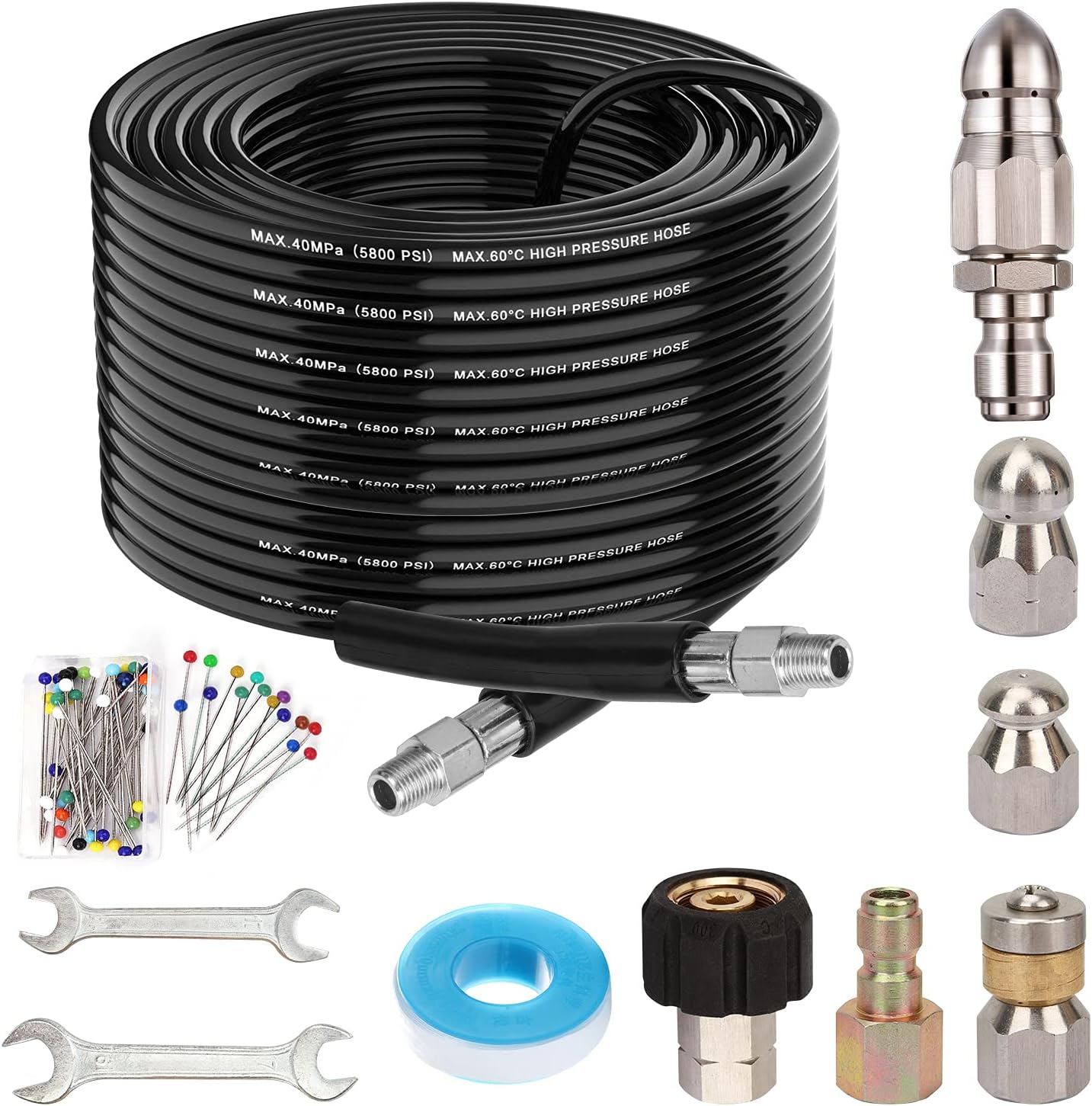 100FT Sewer Jetter Kit for Pressure Washer, 5800PSI Drain Cleaner Hose 1/4 Inch NPT Corner, Rotating and Button Nose Sewer Jetting Drain Jetter Nozzle Pearl Corsage Pin Spanners Waterproof Tape