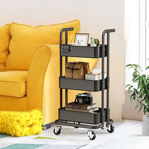 Miniatura 3 de DTK Mini carrito plegable de 3 niveles, carrito utilitario de metal con ruedas bloqueables, carrito de almacenamiento plegable para sala de estar,