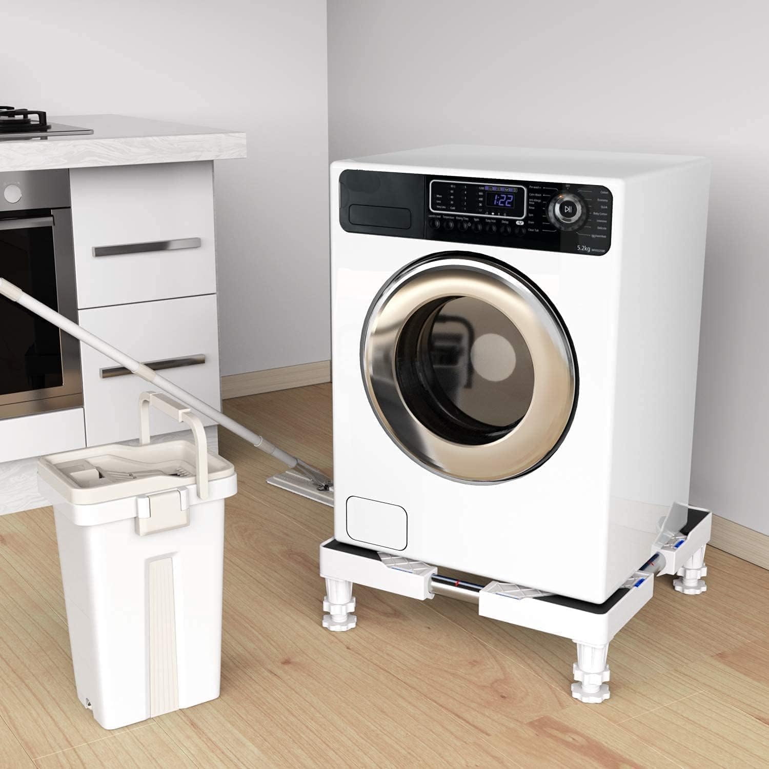 DEWEL Support Réglable pour Lave-linge, Sèche-linge et Frigo | 4 Pieds en PP & Acier Inoxydable | Réduction du Bruit | Hauteur 6,5-9 cm (Adapté aux Appareils de 45-67 cm) | Charge Maximale 300 kg | 4 pieds, anti-vibration et stable, largeur réglable 45-65