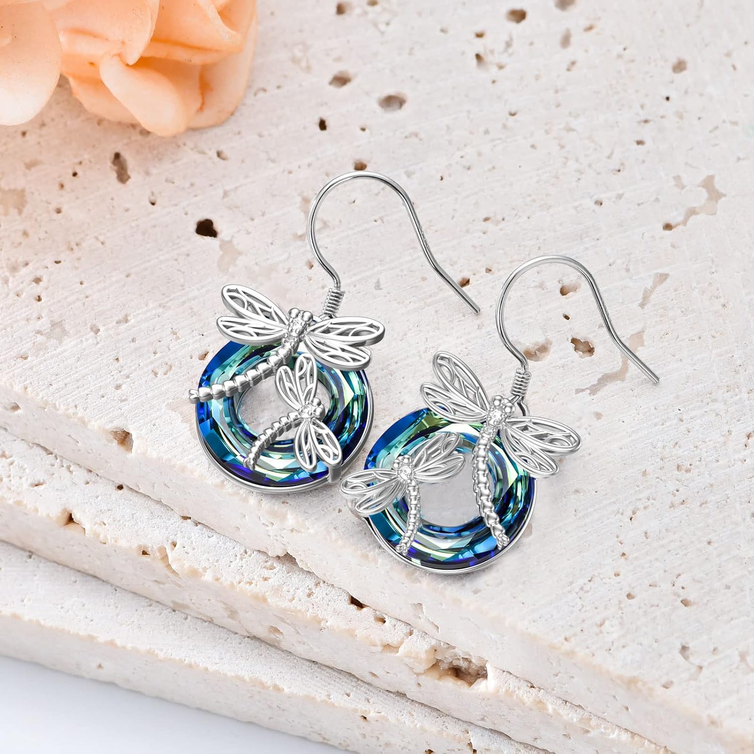 TOUPOP Dragonfly Gifts for Women Sterling Silver Dragonfly Earrings with Circle Crystal Dragonfly Dangle Drop Earrings Jewelry Gifts for Women Mom Birthday Christmas