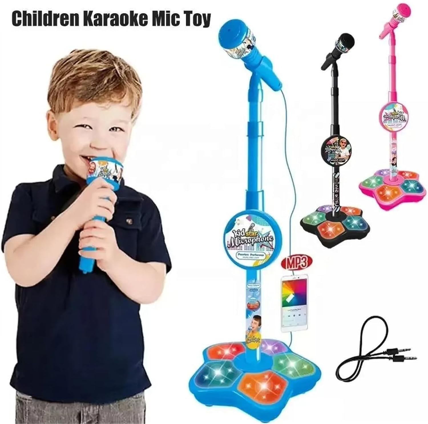 Microphone with Stand, Microphone for All in Microphone Toy, Got Built-in Music, Colorful Lights, Effects, Portable Karaoke Machine for Singing, Music Play