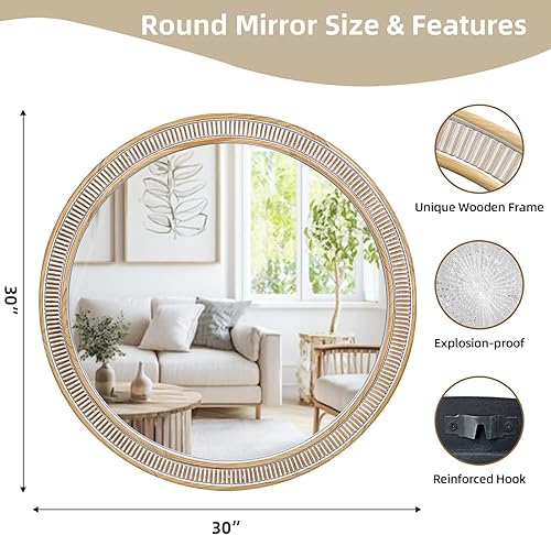Miniatura 3 de Espejos redondos de madera para decoración de pared, espejo decorativo rústico de 30 pulgadas para baño, sala de estar, vestíbulo, entrada, Redondo