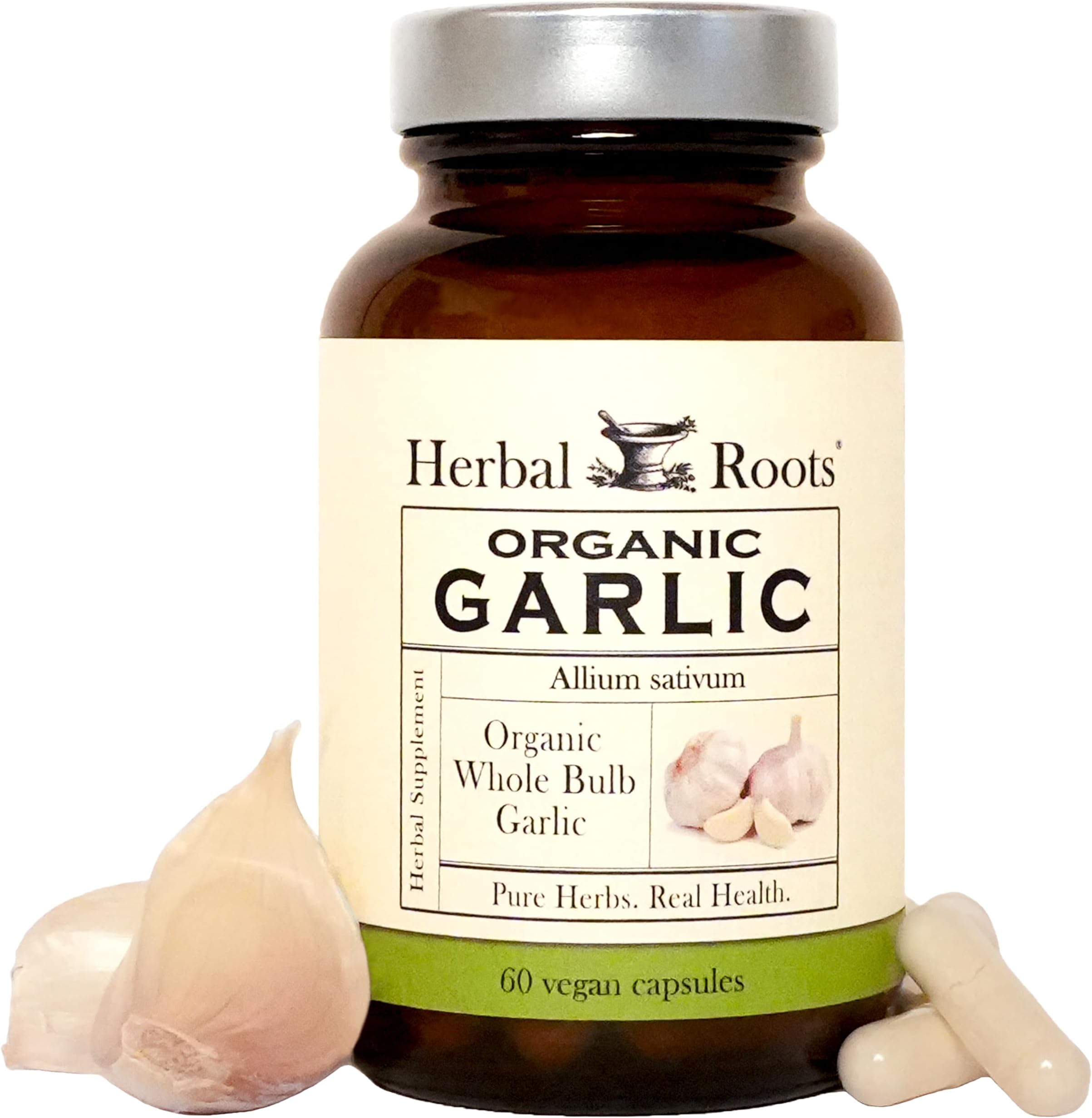 Herbal Roots Organic Whole Bulb Garlic Pills - Potent Extra Strength | 600 mg - 60 Organic Vegan Capsules