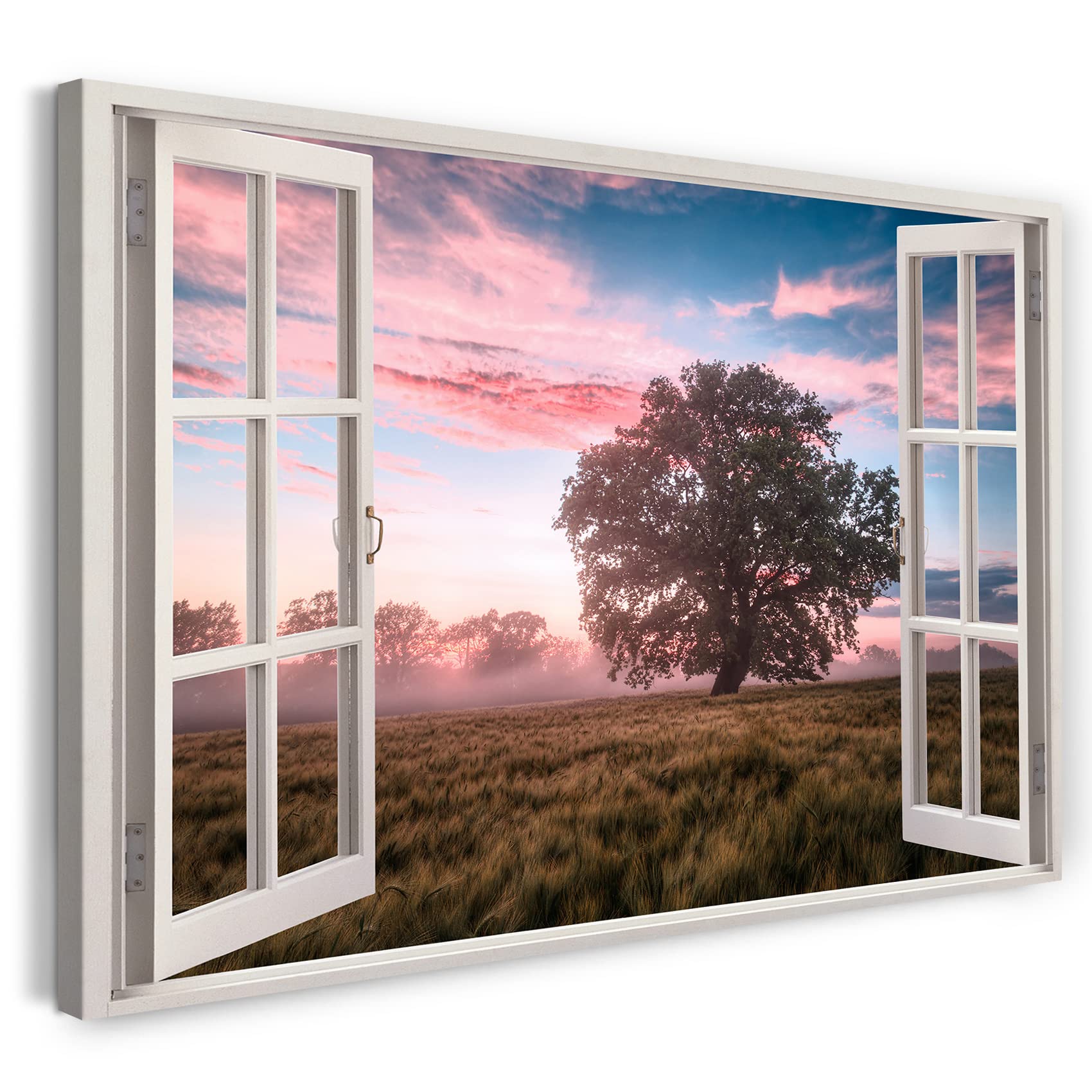 Print on Canvas (120x80 cm) view from the window - field of trees sunrise nature sky - nature photography, real wood frame with hook