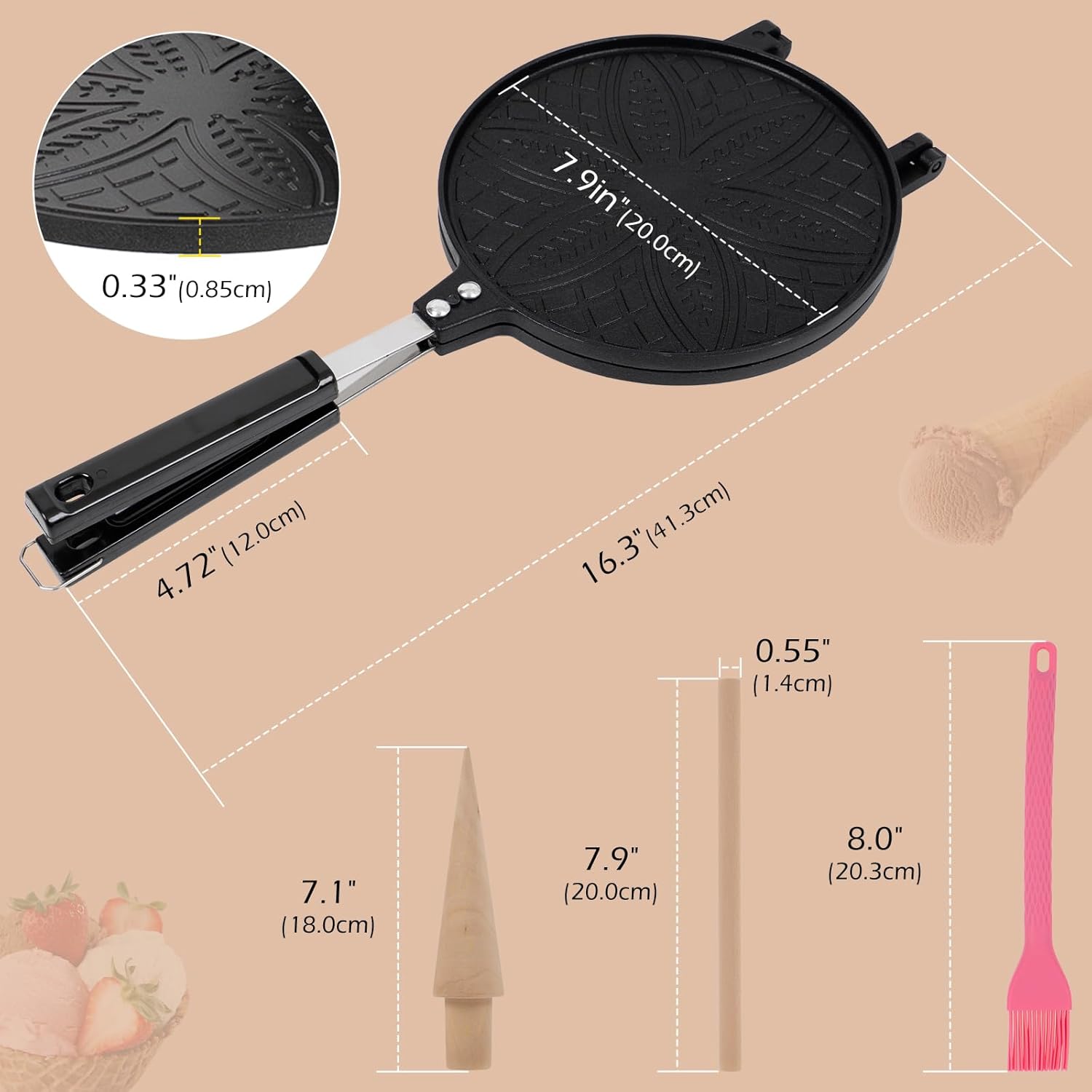 Dyna-Living Waffle Cone Maker Household Ice Cream Cone Machine Non-stick 7.9 inch Egg Roll Mold Pan Waffle Bowl Maker for DIY Ice Cream Waffle Cone Desserts, Flower-shape