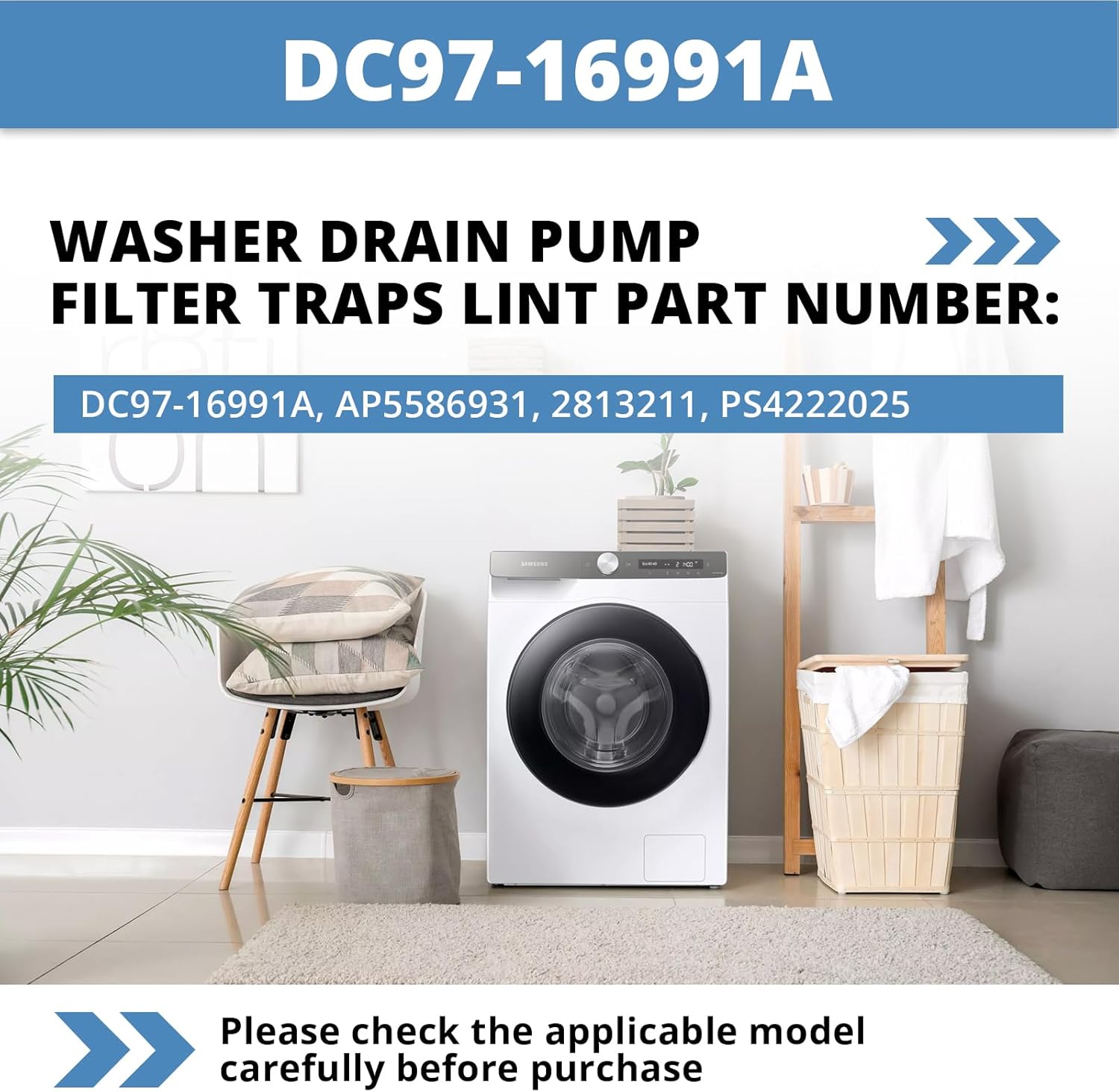 DC97-16991A Washer Drain Pump Filter Replacement for Samsung Washer Coin Trap Leak Proof WF42H5000AW WF42H5000AW/A2 WF42H5200AW/A2 WF45K6500AW/A2 WF45M5500A/WF45M5100A W45R6100A WF50K7500A