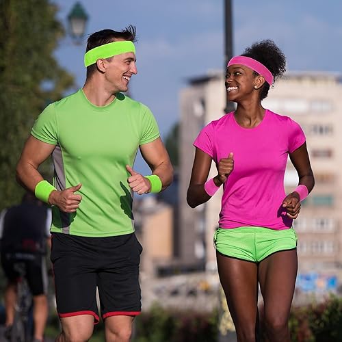 Miniatura 4 de Xuniea Juego de 24 diademas de neón de los años 80, incluye 24 diademas y 48 muñequeras deportivas para el sudor a granel para mujeres y hombres,